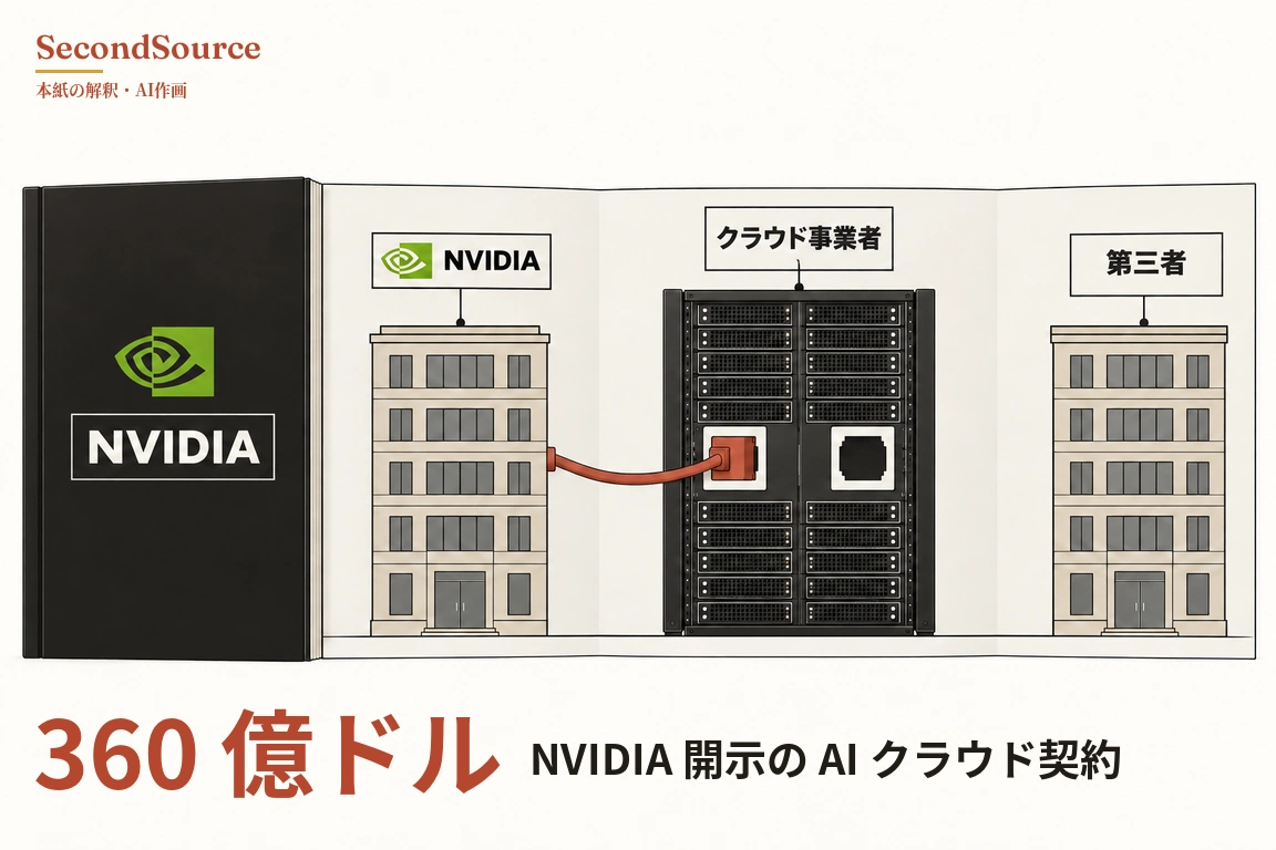 コンセプトイラスト:緑のロゴと NVIDIA の文字が入った黒い表紙の右に、三面の折り込みページが広がっている。ページでは、NVIDIA の看板(小さな緑のロゴ付き)を掲げたベージュのビルから赤橙色のケーブルが伸び、中央で「クラウド事業者」の看板の下に立つ背の高い黒いサーバーラックの二つの差し込み口のうち左側につながっていて、右側の差し込み口には何も差さっておらず、右端で「第三者」の看板を掲げた同じ形のビルにはケーブルがつながっていない。