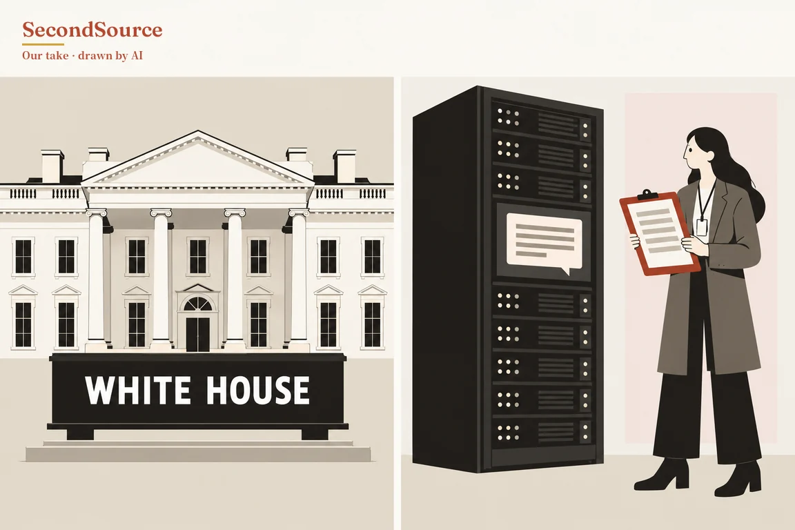 Concept illustration split into two panels by a thin white line: on the left, a white building with a triangular pediment, a row of white columns and many windows, with a black sign lettered "WHITE HOUSE" standing on the steps in front of it. On the right, a tall black server rack with stacked units dotted with small lights and a speech-bubble-shaped screen showing gray lines in its middle, and beside it a person with long dark hair, a gray long coat, black trousers and a lanyard badge, holding a red clipboard with a lined sheet and facing the rack, against a pale pink rectangle.
