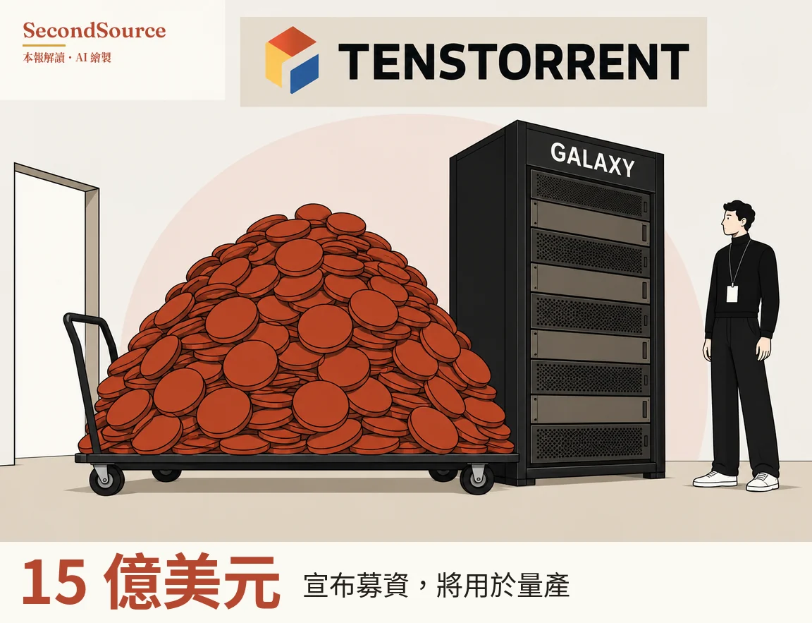 概念插圖:上方淺色橫幅寫著 TENSTORRENT,旁邊有一個橘、黃、藍三面的立方體圖示;左側一扇敞開的門口旁,一台平板推車上堆著高高一堆磚紅色圓片,推車右端緊挨著一座寫著 GALAXY 的高大黑色機櫃,機櫃從上到下裝滿層疊的機箱。右側站著一個人,穿黑衣白鞋,胸前用掛繩掛著一張白色卡片,正望向機櫃;背景是淺色牆面和一個淡粉紅色大圓。