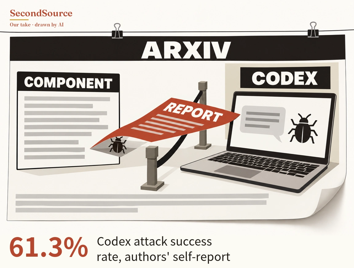 Concept illustration: a large sheet hangs from a thin line by two binder clips, with a black header band lettered "ARXIV"; on the left is a page headed "COMPONENT" with grey bars, and on the right a black sign lettered "CODEX" sits above a laptop whose screen shows a grey speech bubble and a black beetle. A red sheet lettered "REPORT" stretches from the lower right of the left page, across a black rope strung between two square posts, to the edge of the laptop screen; its left end is lifted to reveal another black beetle underneath, and three grey bars run along the bottom of the large sheet.
