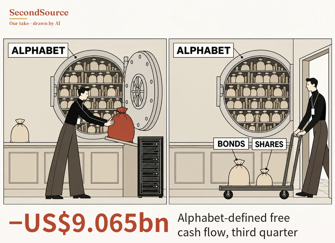 Two-panel concept illustration: on the left, a round vault labeled ALPHABET stands open with shelves full of sacks and coin stacks, and a person in a black top with a lanyard badge holds a large red sack resting on a slanted board on top of a black server rack beside the vault, with a small beige sack on the counter at far left. On the right, the same vault labeled ALPHABET, its shelves full of sacks and coins, and a person with a badge standing in an open doorway at the right holds the handle of a flat cart carrying two beige sacks labeled BONDS and SHARES.