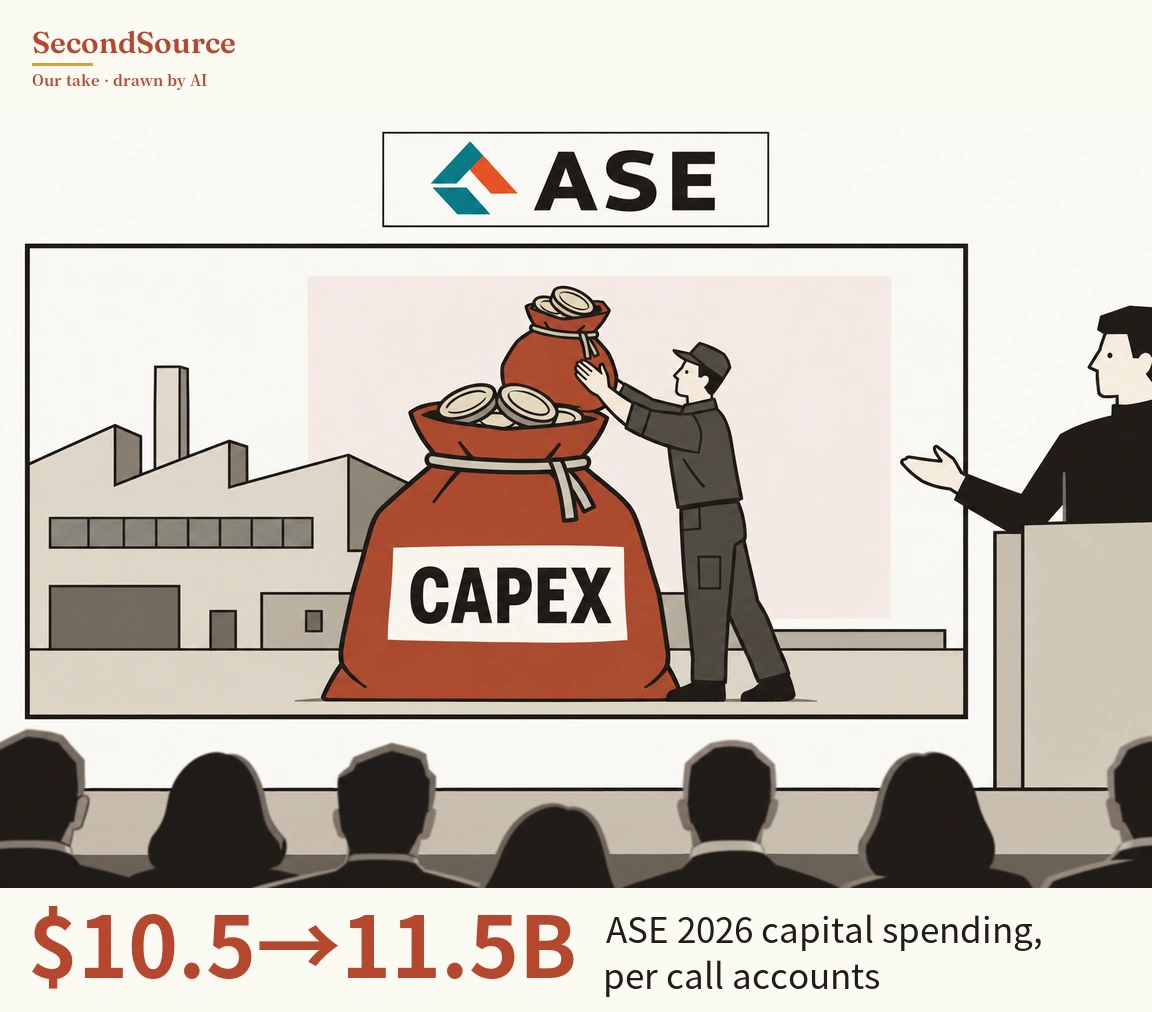Concept illustration: under a sign lettered ASE with a teal and orange angular mark, a large framed screen shows a grey factory with a chimney and a big red sack lettered CAPEX with coins showing at its open top, and a worker in a cap and grey uniform is placing a smaller red sack, also showing coins, on top of it. On the right, a presenter in black stands behind a lectern and gestures toward the screen, and dark silhouettes of audience members' heads fill the foreground.
