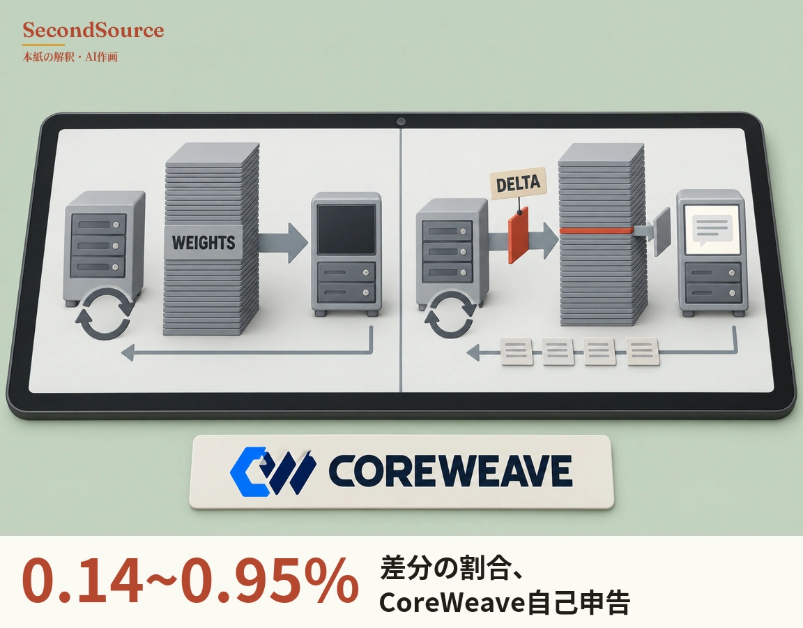 概念イラスト：タブレットの画面が左右に分かれ、左側では下に循環矢印のあるサーバーの横に「WEIGHTS」と書かれた背の高い積層ブロックが立ち、そこから矢印が画面の暗いサーバーへ向かい、下部の長い矢印が左へ戻っている。右側では同様のサーバーから出た矢印が「DELTA」の札が付いた赤い薄板を通り、一層だけ赤い積層ブロックへ向かう。そのブロックは灰色の短い部材で、画面に吹き出しアイコンを映すサーバーにつながり、下部では小さな書類カード四枚を載せた矢印が左へ戻っており、タブレットの下には青い幾何学的なマークと「COREWEAVE」の文字が入ったプレートがある。