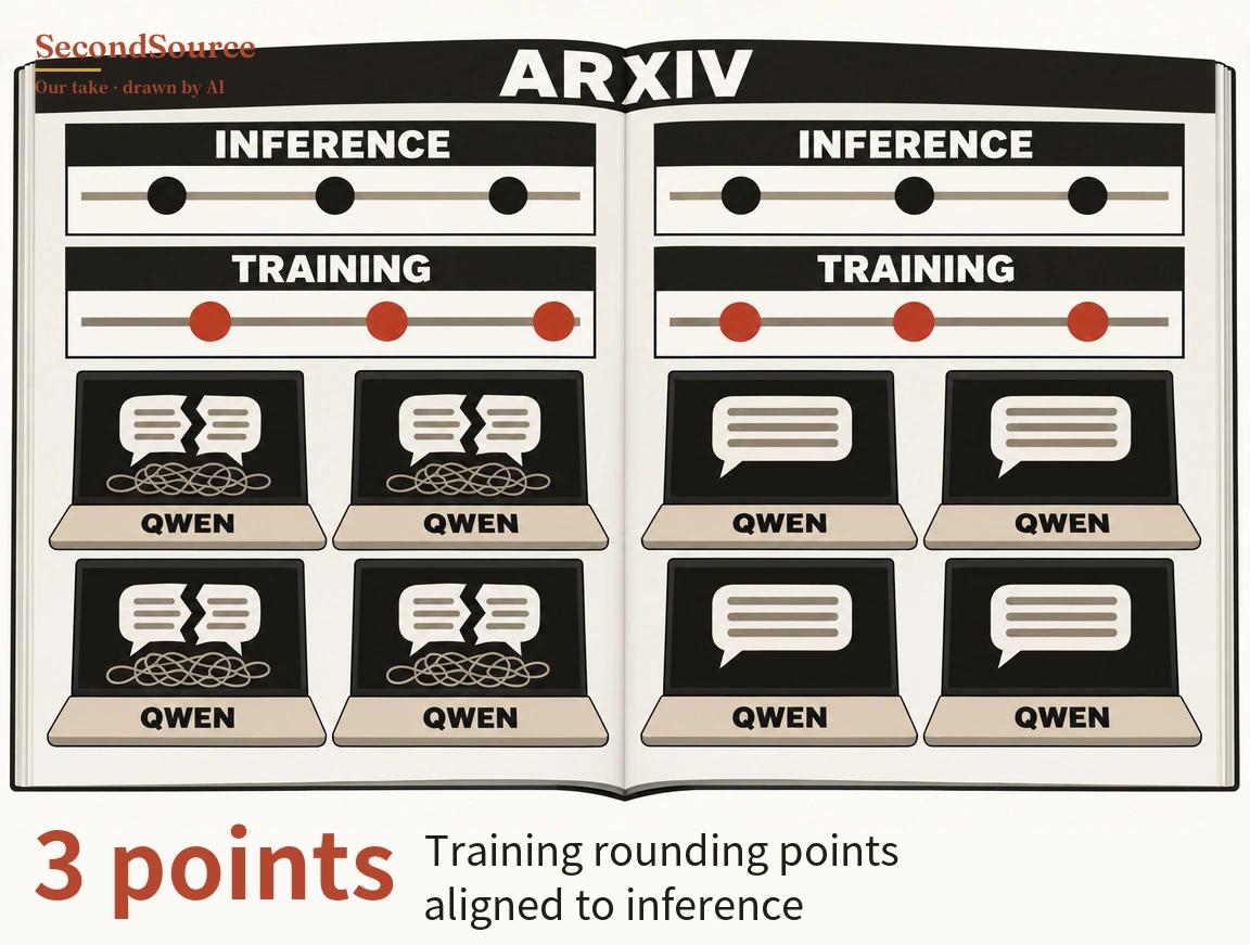Concept illustration of an open book under a black header band lettered ARXIV; each page has a panel lettered INFERENCE with three black dots on a line above a panel lettered TRAINING with three red dots on a line, the red dots sitting offset from the black ones on the left page and directly beneath them on the right page. Below, each page holds four laptops lettered QWEN on their bases: the left-page screens show a speech bubble split by a jagged crack above a tangle of lines, while the right-page screens show an intact speech bubble with horizontal lines.