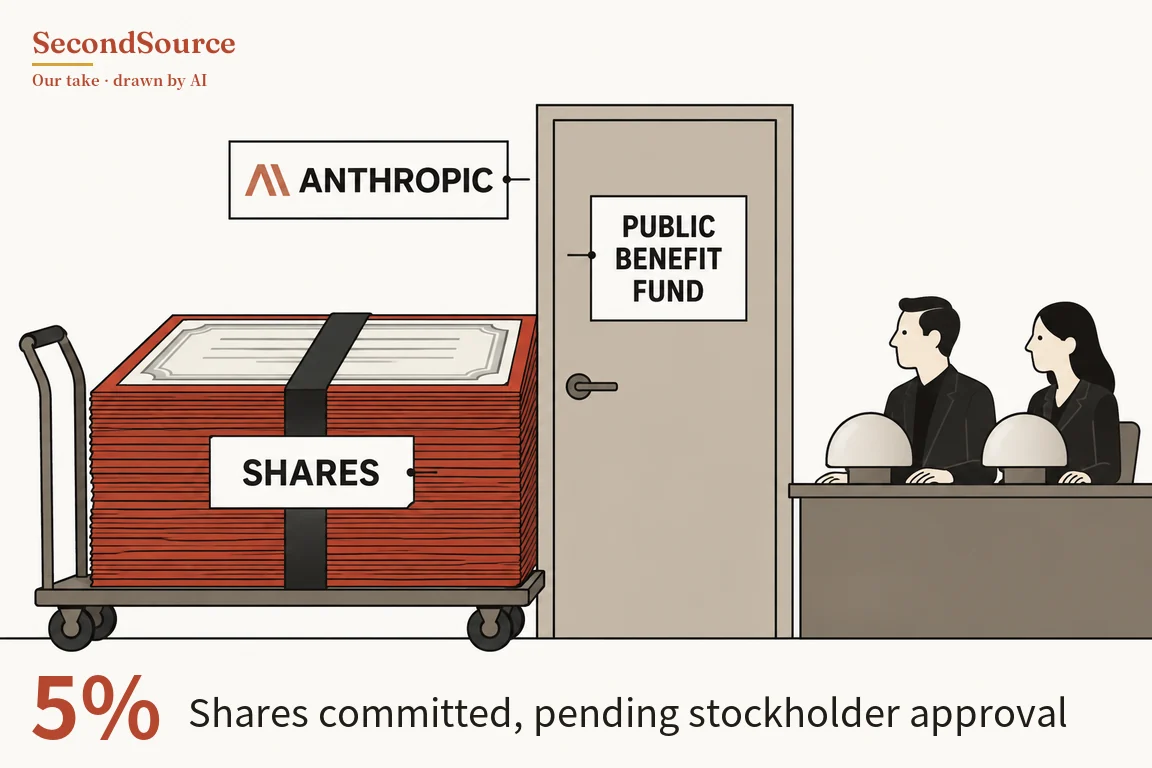 Concept illustration: on the left, a flat trolley with a tall handle carries a high stack of brick-red sheets topped by a pale sheet with an ornate border, bound by a black strap and labelled SHARES, while above it on the wall hangs a sign lettered ANTHROPIC with a small rust-red mark to the left of the word and a short line running from the sign toward the door. In the centre is a closed door with a sign lettered PUBLIC BENEFIT FUND, and on the right two people in dark jackets, one with short hair and one with long hair, sit facing left at a grey-brown desk, each with a large pale dome on a short base in front of them.