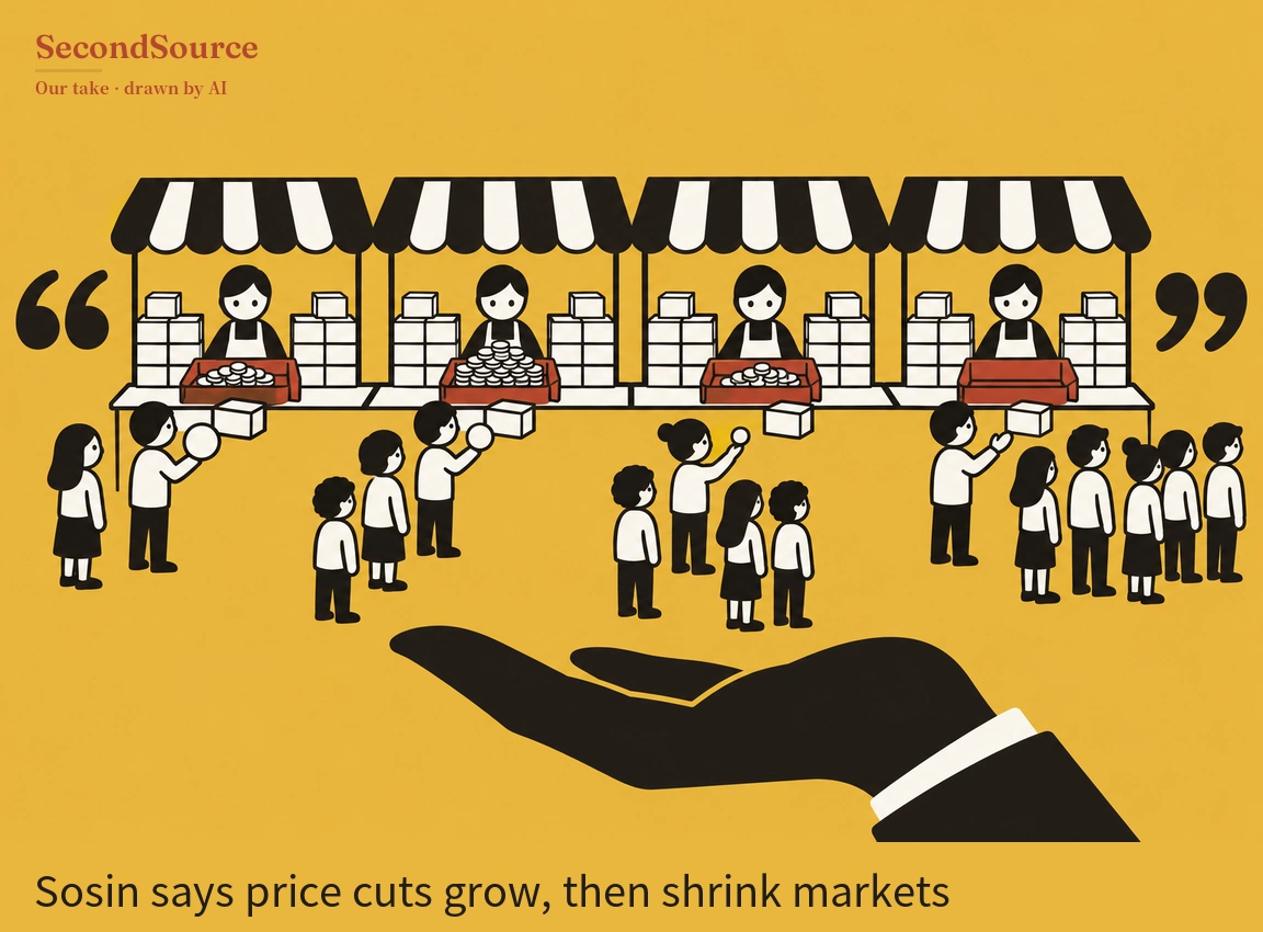 Concept illustration on a mustard-yellow background: four market stalls with black-and-white striped awnings stand in a row, each with an aproned vendor between stacks of white boxes and a red tray in front, the three left trays holding piles of round coin-like discs and the rightmost tray showing none; in front, small lines of people hold up discs or reach toward white boxes at the counters, with the longest line at the right-hand stall. Large black quotation marks flank the row of stalls at left and right, and below them a large black silhouetted open hand, palm up, reaches in from the lower right with a white shirt cuff at its sleeve.