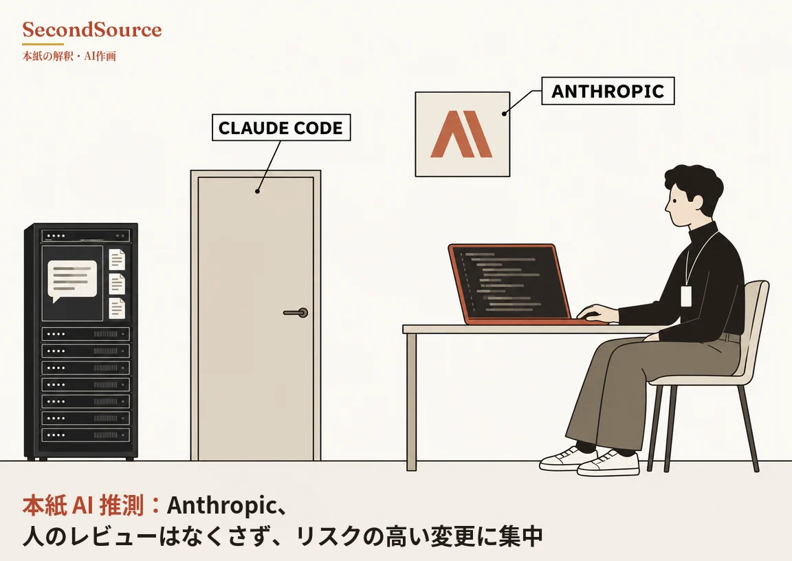 コンセプトイラスト。左には黒いサーバーラックが立ち、上部の画面に吹き出しと三つの文書アイコン、その下に積み重なった機器が見え、中央の閉じたベージュのドアは引き出し線で「CLAUDE CODE」と書かれたラベルにつながり、右上の壁に掛かった四角い額には橙赤色の斜めの図形が描かれ、こちらも引き出し線で「ANTHROPIC」と書かれたラベルにつながっている。額の下では、黒っぽい髪で黒いタートルネック、カーキのズボン、白いスニーカー姿の人物が、首から白いカードを下げて椅子に座り、シンプルな机の上の橙赤色のノートパソコンで入力しており、暗い画面にはインデントされた文字の行が並んでいる。