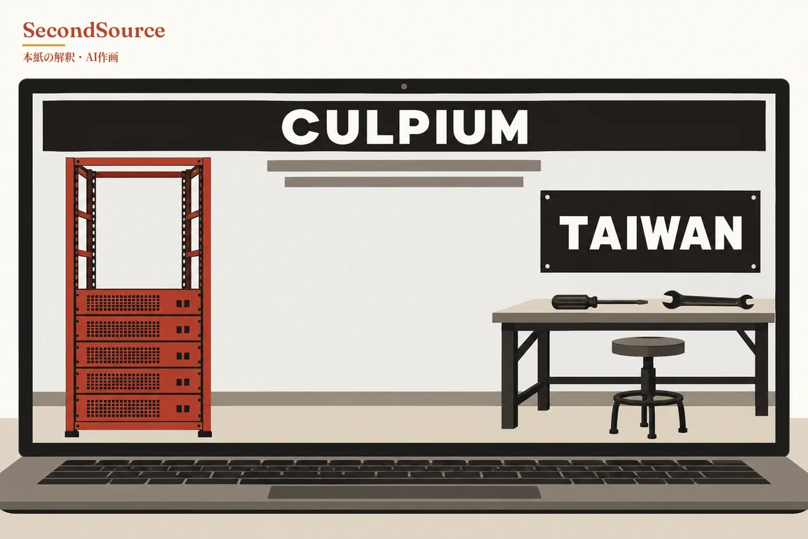 コンセプトイラスト:開いたノートパソコンの画面上部にCULPIUMと書かれた黒い横断幕とその下の2本の灰色の横棒があり、左側には上部が開いた枠で下半分に穴あきのユニット5台を積んだ赤いサーバーラックが立っている。画面右側には壁にTAIWANと書かれた黒い看板、その下にドライバーとレンチが置かれた作業台と丸いスツールがあり、画面の下にはキーボードとタッチパッドが見える。