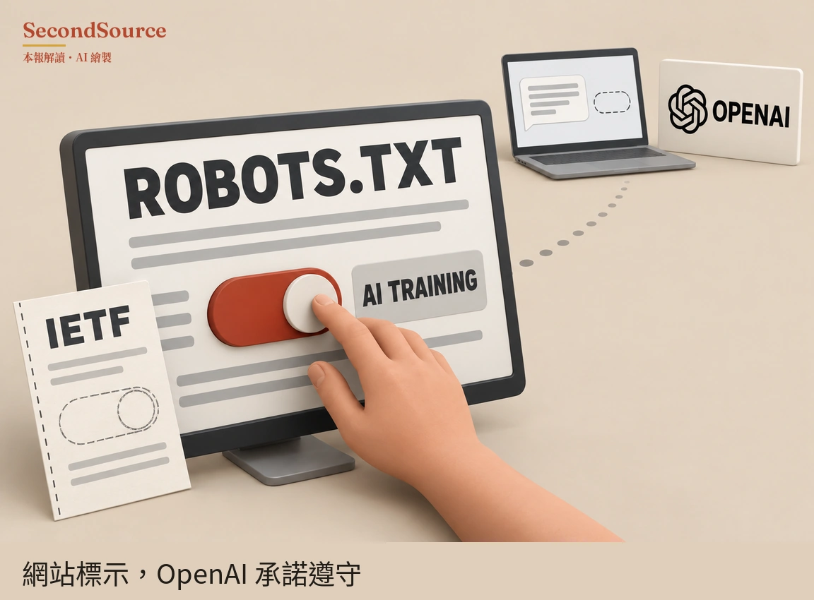 概念插畫：畫面中央偏左是一台螢幕，上面寫著大字 ROBOTS.TXT，下方有灰色線條和一個紅色滑動開關，白色圓鈕位於開關右端，旁邊的標籤寫著 AI TRAINING，一隻從右下方伸入的手以食指按在圓鈕上；螢幕左前方立著一張寫有 IETF 的紙，紙上有灰色線條和虛線畫的開關輪廓。一條虛點線從螢幕右側向右上方延伸到遠處的筆記型電腦，其螢幕上有一個含灰色線條的對話框和一個虛線橢圓框，電腦右後方立著一塊寫有 OPENAI 並帶黑色交織圖案的白色牌子。