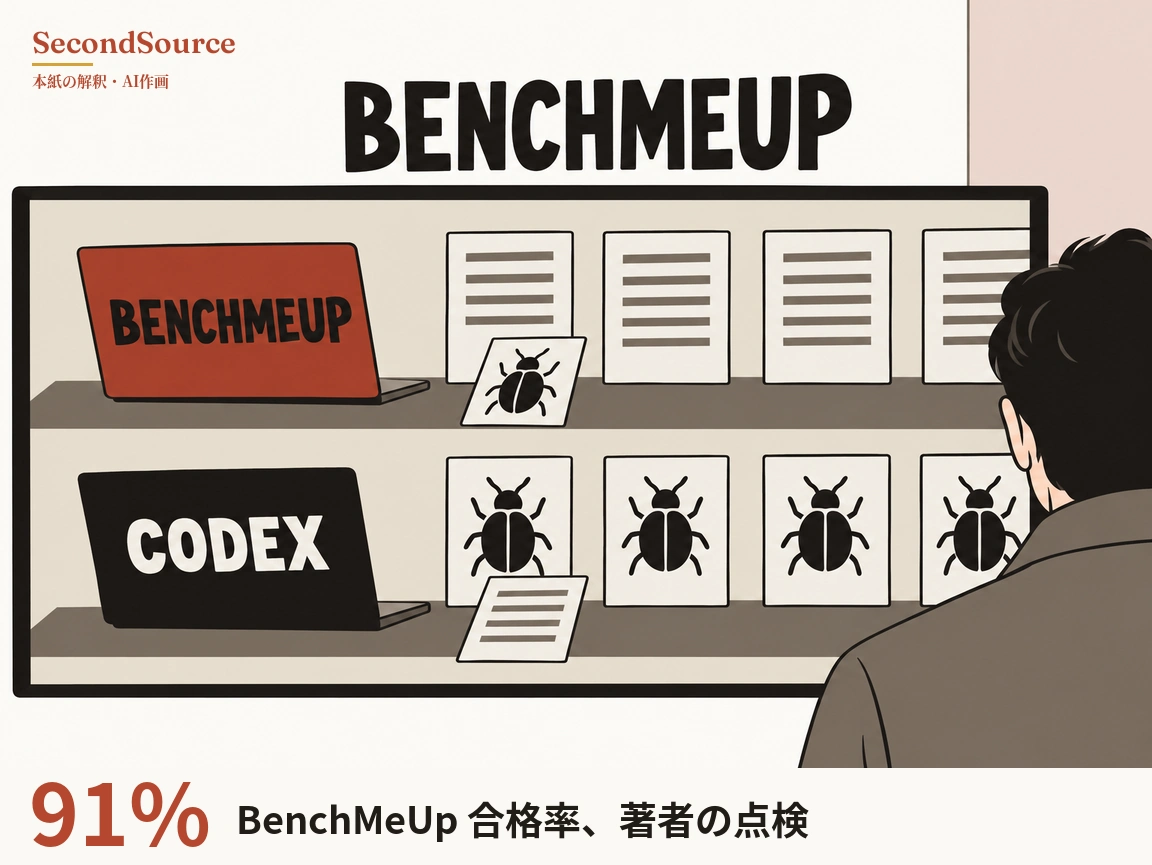 コンセプトイラスト:上部に大きな「BENCHMEUP」の文字があり、その下に枠付きの二段の棚がある。上段の左には「BENCHMEUP」と書かれた赤いノートパソコンと灰色の横線が描かれた紙4枚が並び、手前に黒い甲虫のような虫の絵のカードが1枚斜めに立てかけられている。下段の左には「CODEX」と書かれた黒いノートパソコンと、それぞれ黒い甲虫のような虫が描かれたカード4枚が並び、手前に灰色の横線が描かれた紙が1枚斜めに立てかけられていて、右端では暗い色の髪で灰褐色の上着を着た人物が後ろ姿で棚の方を向いている。
