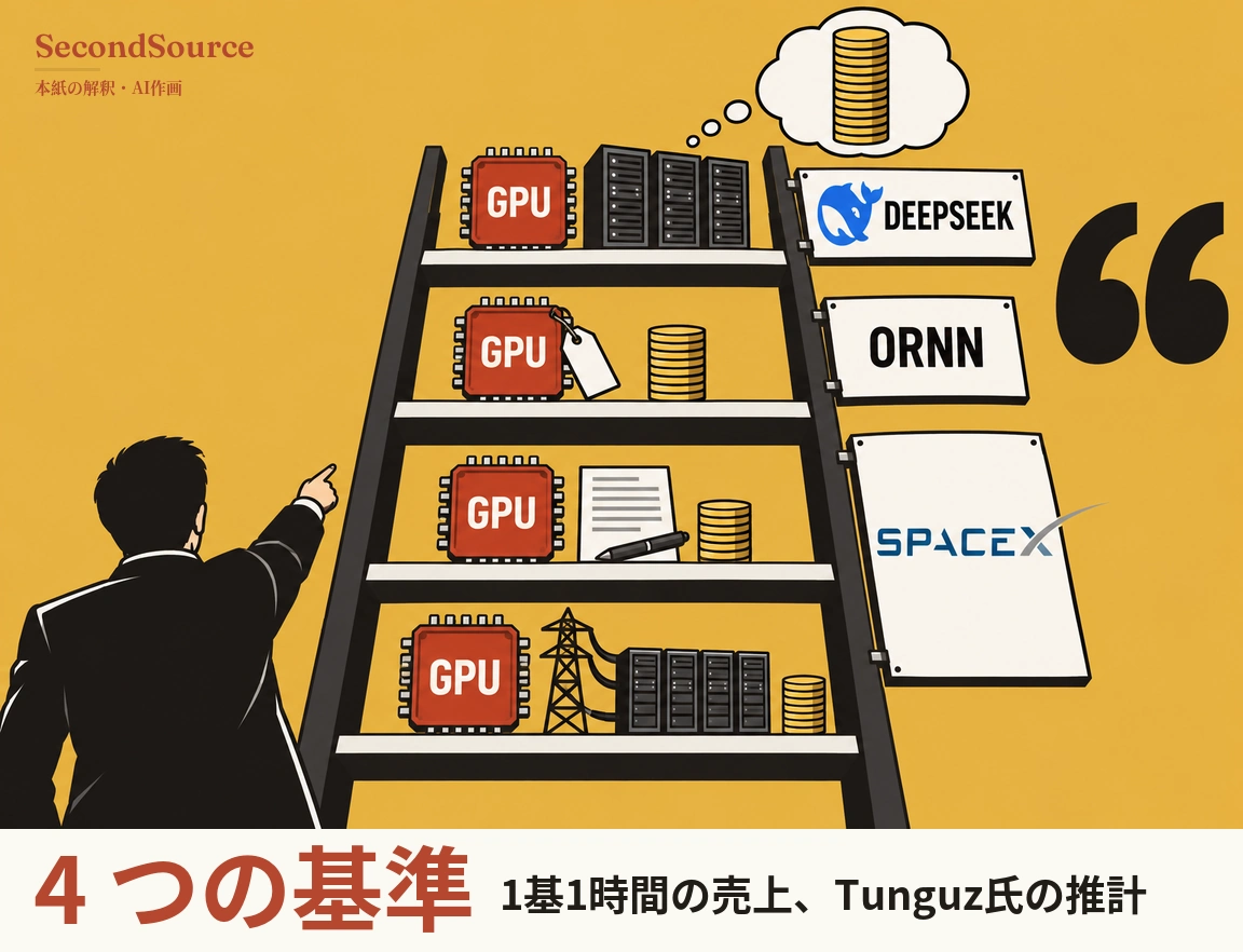からし色の背景のコンセプトイラストで、黒い大きなはしごの4段の白い棚板それぞれに「GPU」と書かれた赤いチップが置かれ、最上段にはサーバーラック3台、2段目にはチップから下がる白い札と金貨の山、3段目には灰色の線が入った紙とペンと金貨の山、最下段には4台のサーバーラックに電線でつながる送電鉄塔と小さな金貨の山があり、最上段の上には金貨の山を描いた雲形の吹き出しが浮かんでいる。はしごの右の支柱には上から DEEPSEEK（青いクジラのアイコン付き）、ORNN、SPACEX と書かれた看板が取り付けられ、右端には大きな黒い引用符があり、左下では濃い色のスーツを着た人物が背中を向けて、はしごを指さしている。