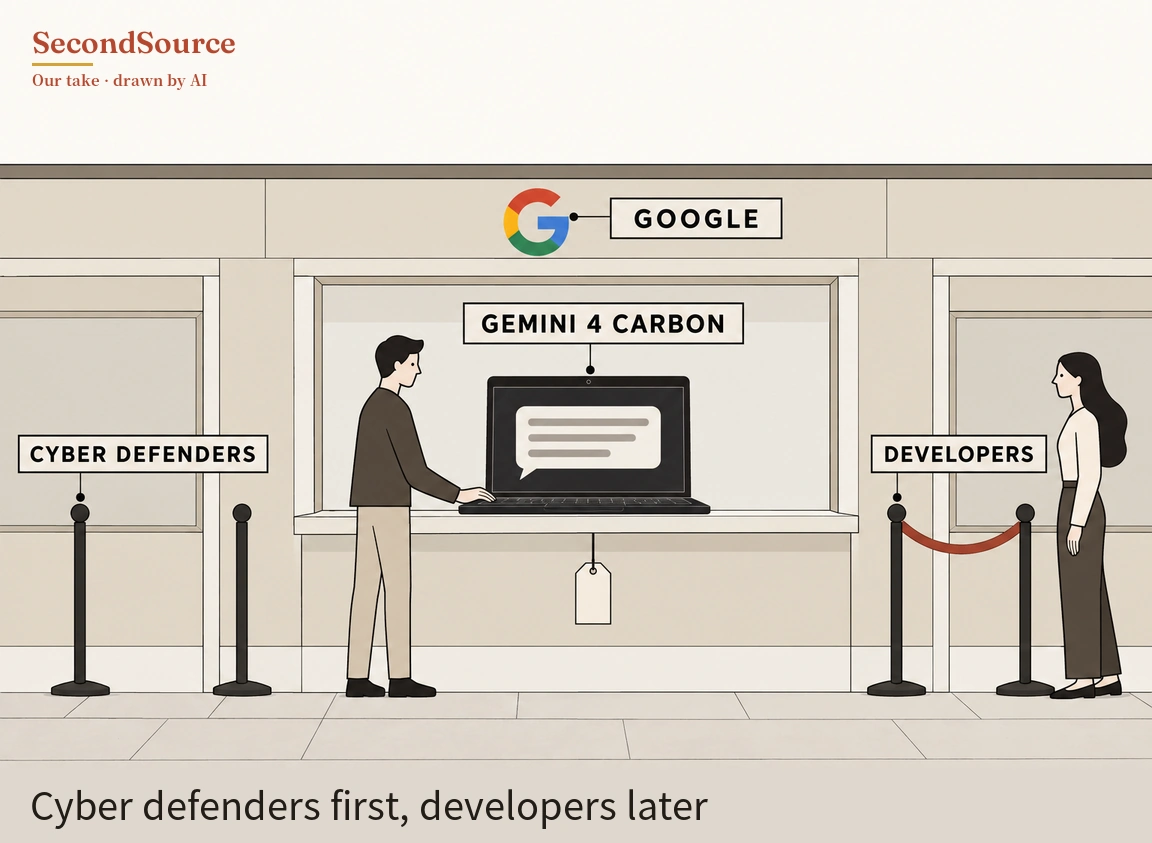 Concept illustration of a beige storefront wall with three windows: at the top a red, yellow, green and blue letter G is linked by a line to a sign lettered GOOGLE, and in the centre window a sign lettered GEMINI 4 CARBON is linked by a line to a laptop on the counter whose screen shows a speech bubble with grey lines, where a short-haired person in a brown sweater and beige trousers types, with a blank tag hanging below the counter. On the left a sign lettered CYBER DEFENDERS is linked by a line to one of two black stanchion posts, and on the right a sign lettered DEVELOPERS is linked to a post with a red rope strung to a second post, behind which a long-haired person in a white top and dark trousers stands facing the counter.