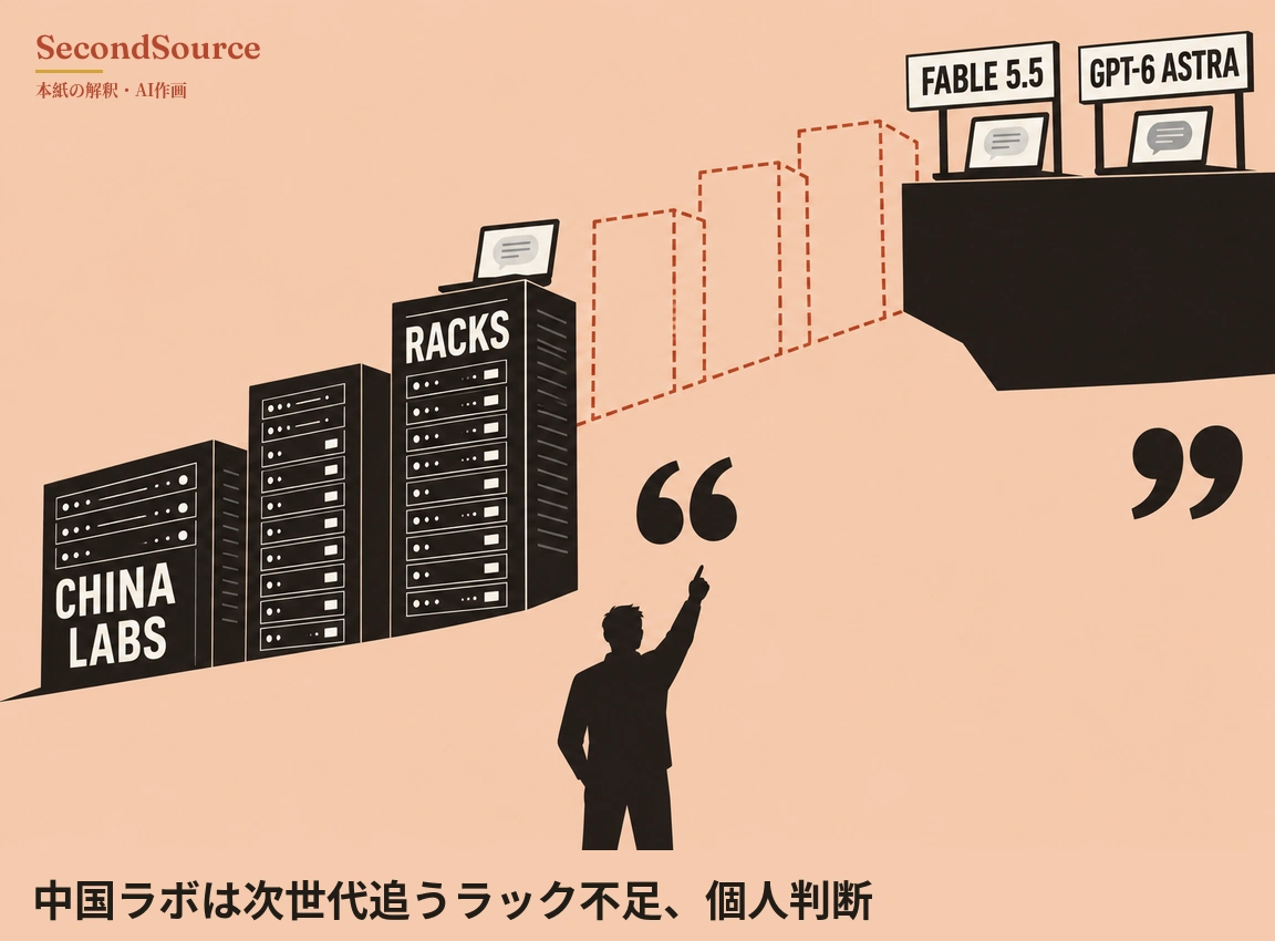 コンセプトイラスト:桃色の背景の左側に、高さが順に増す黒いサーバーラック3台が並び、「CHINA LABS」「RACKS」と書かれ、最も高いラックの上には吹き出しを映したノートパソコンが置かれている。その先に赤い破線で描かれたさらに高いラックの輪郭3つが階段のように右上の黒い宙に浮いた台へ続き、台の上には「FABLE 5.5」「GPT-6 ASTRA」と書かれた看板の下に吹き出しを映したノートパソコンが1台ずつある。下には後ろ姿の黒いシルエットの人物が片腕を上げて上を指さし、その両側に大きな黒い引用符がある。