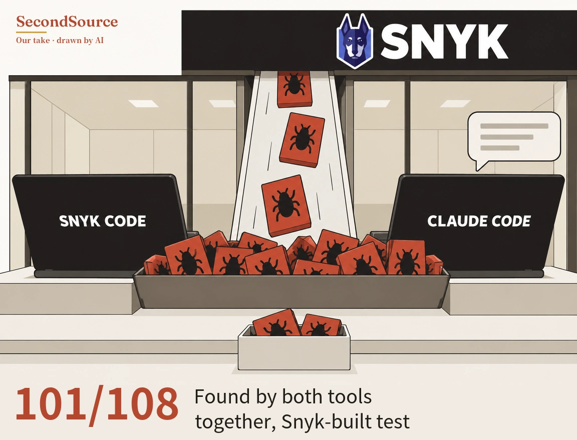 Concept illustration: a white chute runs down from a black banner lettered SNYK, which has a dog-head shield emblem beside the lettering, and red cards marked with black bug symbols slide along it into a long dark-grey tray piled with more of the same cards, while a small white box on a lower step in front of the tray holds two more. The tray sits between two black laptops, the left one lettered SNYK CODE and the right one lettered CLAUDE CODE with a speech bubble of grey lines above it, set in front of glass-walled rooms.
