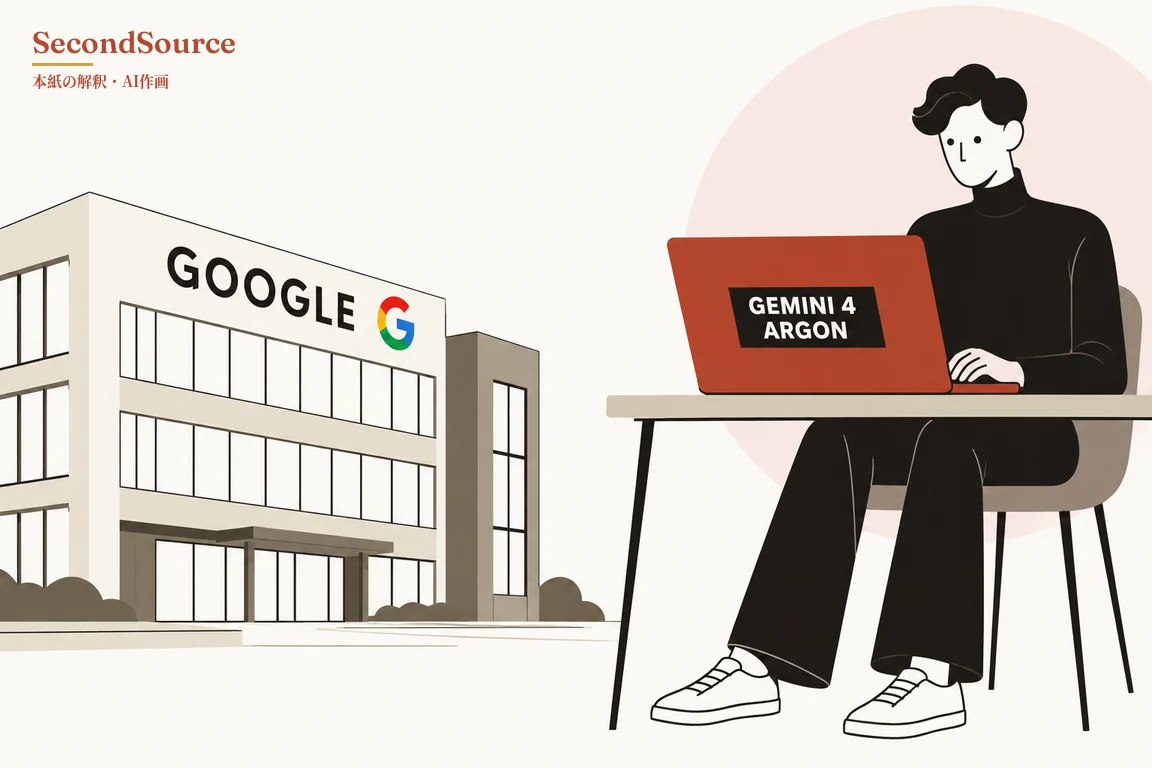 コンセプトイラスト:左側には多層階の白いオフィスビルがあり、上部に「GOOGLE」の文字と多色の G の文字マークが描かれ、ふもとには低い植え込みがある。右側では、黒い巻き毛に黒のタートルネック、黒いズボン、白いスニーカー姿の人物が椅子に座り、机の上の赤いノートパソコンでタイピングしている。パソコンの天板には「GEMINI 4 ARGON」と書かれた黒いラベルがあり、人物の背後には淡いピンクの円がある。