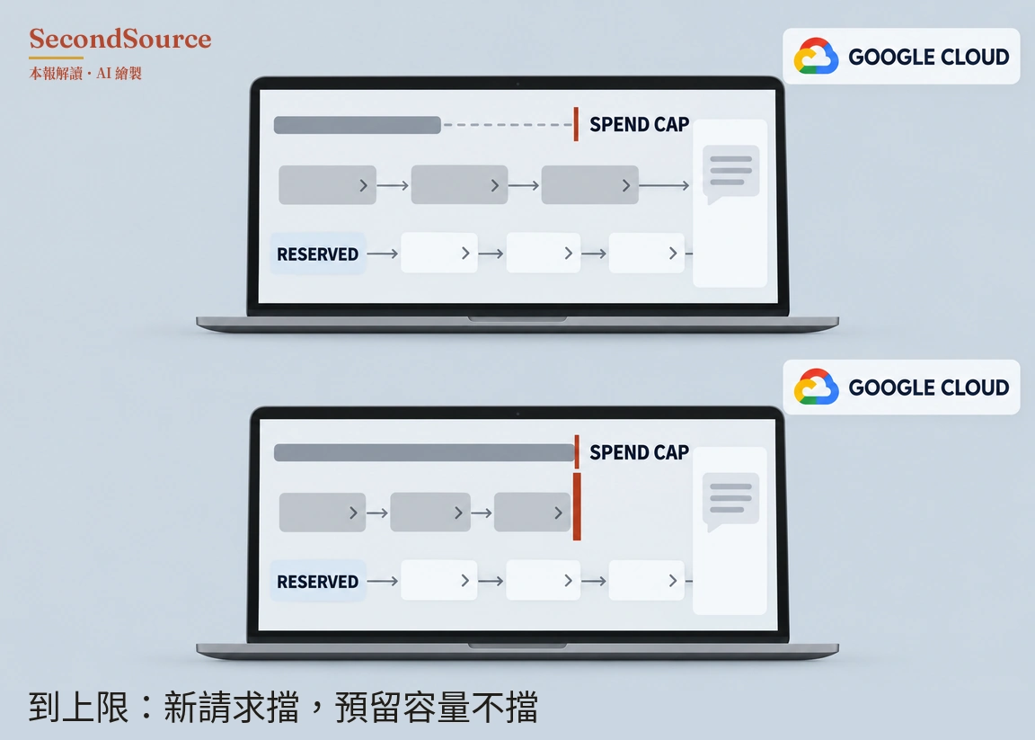 概念插圖：上下畫著兩台畫面版式相同的筆記型電腦，兩台右上方各有一塊印著 GOOGLE CLOUD 和四色雲朵圖示的牌子，螢幕最上方都有一條灰色長條和一道標著 SPEND CAP 的紅色直線，最下排都是標著 RESERVED 的淺藍標籤，以向右的箭頭串起三個白色方塊，通往右側放著對話框圖示的白色面板。上方電腦的灰色長條較短，以虛線連到紅線，中間一排三個灰色方塊以向右的箭頭通往白色面板；下方電腦的灰色長條已碰到紅線，中間一排三個灰色方塊止於一根粗紅色直條，箭頭沒有接到面板。