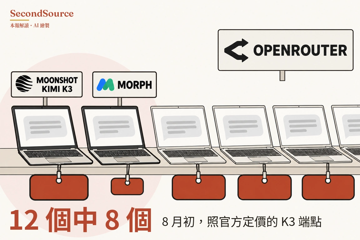概念插圖：一排打開的筆記型電腦擺在長檯面上，每台螢幕都顯示一個灰色對話框和幾條灰線，每台電腦下方用細繩吊著一張素面紅色標籤，其中第二張比其他的小，這排電腦延伸到畫面右緣之外。左邊前兩台電腦線條較粗，背後有一個淡粉紅色圓形，上方各立著一塊牌子，分別寫著「MOONSHOT KIMI K3」（旁有黑色圓形圖案）和「MORPH」（旁有藍綠色 M 形圖案）；右上方另有一塊較大的牌子寫著「OPENROUTER」，旁邊是黑色分岔箭頭符號。