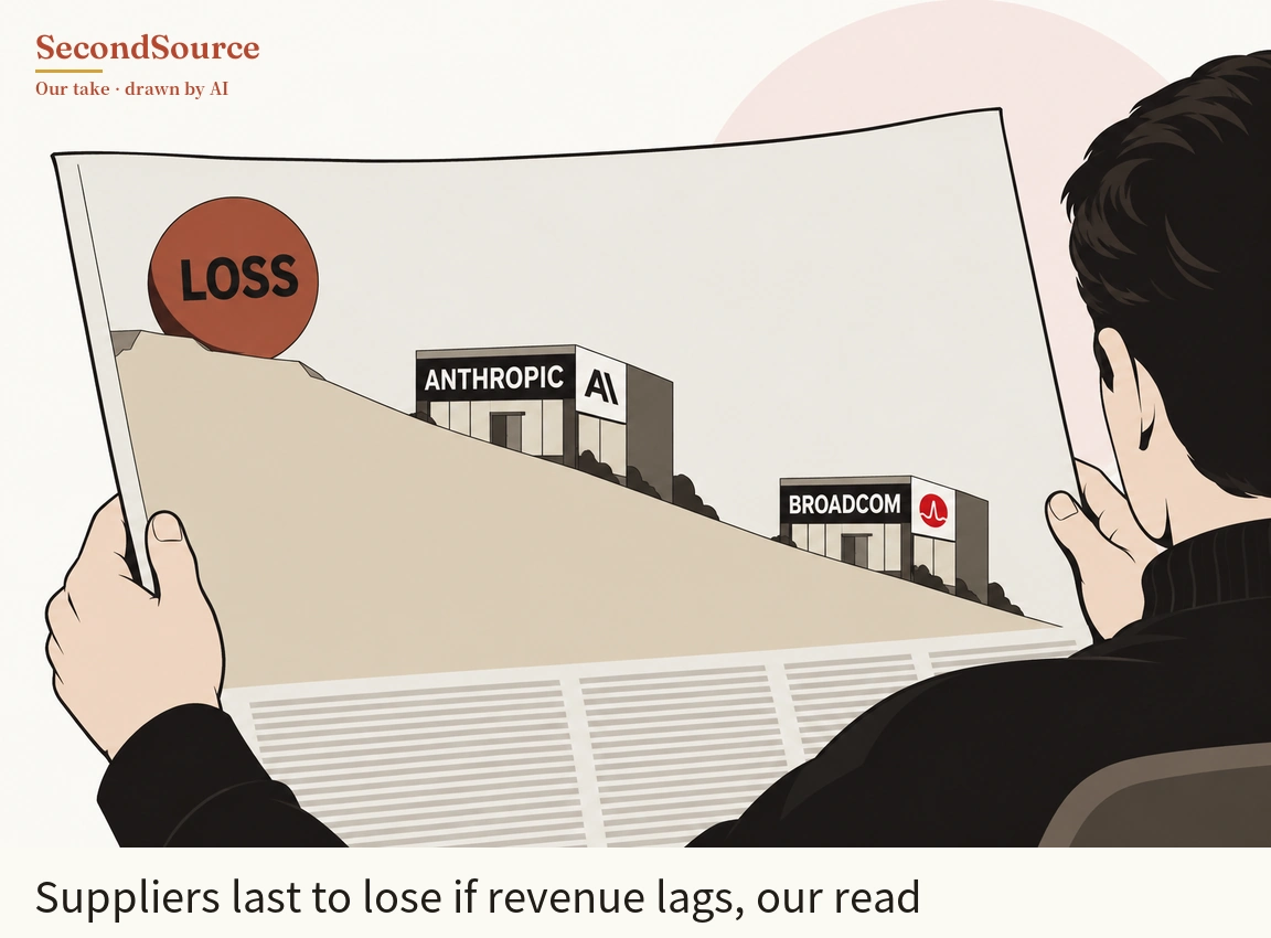 Concept illustration: on the right, a dark-haired person in a black sweater, seen from behind, holds open a large newspaper, with a pale pink circle behind their head. On the page, a red-brown disc lettered LOSS sits at the top left of a beige slope that runs down to the right, past a building lettered ANTHROPIC with a white square sign and then a smaller building lettered BROADCOM with a red round emblem, above rows of grey text lines on the lower half of the page.