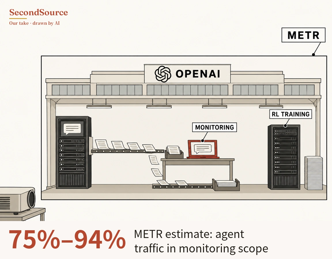 Concept illustration: a large rectangular frame, with a tag lettered METR linked by a line to its top-right corner, shows a hall under a sign with a knot-shaped emblem and the lettering OPENAI; on the left, a black server rack with a speech bubble on its screen has sheets of paper moving along a conveyor to a tray on a table, beside a red laptop showing a speech bubble and tagged MONITORING, while some sheets fall from the conveyor to a lower conveyor that runs to a tray on the floor. On the right stands a second black rack tagged RL TRAINING next to a tall stack of paper, and outside the frame at the bottom left a projector sits on a small table.