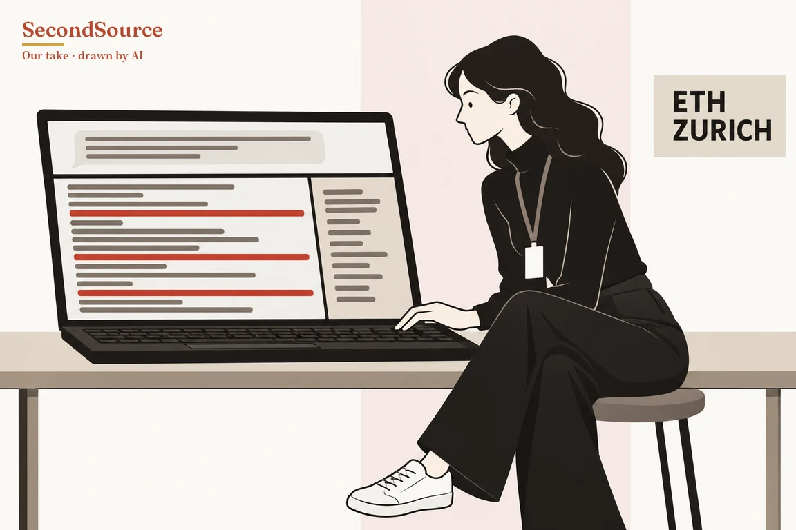 Concept illustration: on the left, a laptop sits on a long table. At the top of its screen is a box of grey lines, below it are rows of grey lines with three of them in red, and a narrower column of short grey lines runs down the right side. On the right, a person with long dark wavy hair, a black top, wide black trousers, white sneakers and a lanyard with a white badge sits cross-legged on a stool with one hand on the laptop keyboard, looking at the screen, in front of a pale wall with a light pink vertical band and a beige sign lettered "ETH ZURICH".