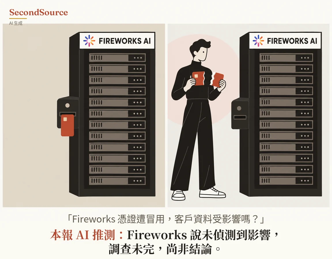 概念插圖，分成左右兩格：左格是一座黑色伺服器機櫃，頂部白色招牌上有彩色放射狀圖示和「FIREWORKS AI」字樣，機櫃左側的黑色讀卡機插著一張紅色卡片。右格有一人身穿黑色高領上衣、黑色寬褲和白色運動鞋，站在淡粉紅色圓形背景前，兩手各拿著一張紅色卡片撕開後的一半，旁邊是另一座同樣標有「FIREWORKS AI」的機櫃，左側讀卡機的插槽裡沒有卡片。