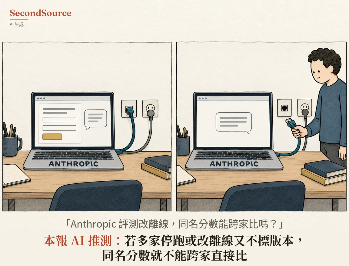 兩格概念插畫,兩格畫的是同一張木桌,桌上有一台印著 ANTHROPIC 字樣的筆電,還有筆筒、筆記本和一疊書,前景是椅背;左格的螢幕顯示一個表單,上面有兩個空白欄位和一個黃色按鈕,旁邊有一個對話框,一條藍色線從筆電連到牆上的網路插孔,旁邊的灰色電源線插在牆上插座。右格的螢幕只顯示一個對話框,一名穿藍色毛衣的人站在桌旁,手裡拿著藍色線的插頭,插頭不在牆上插孔裡,插孔是空的,灰色電源線仍插在插座上。