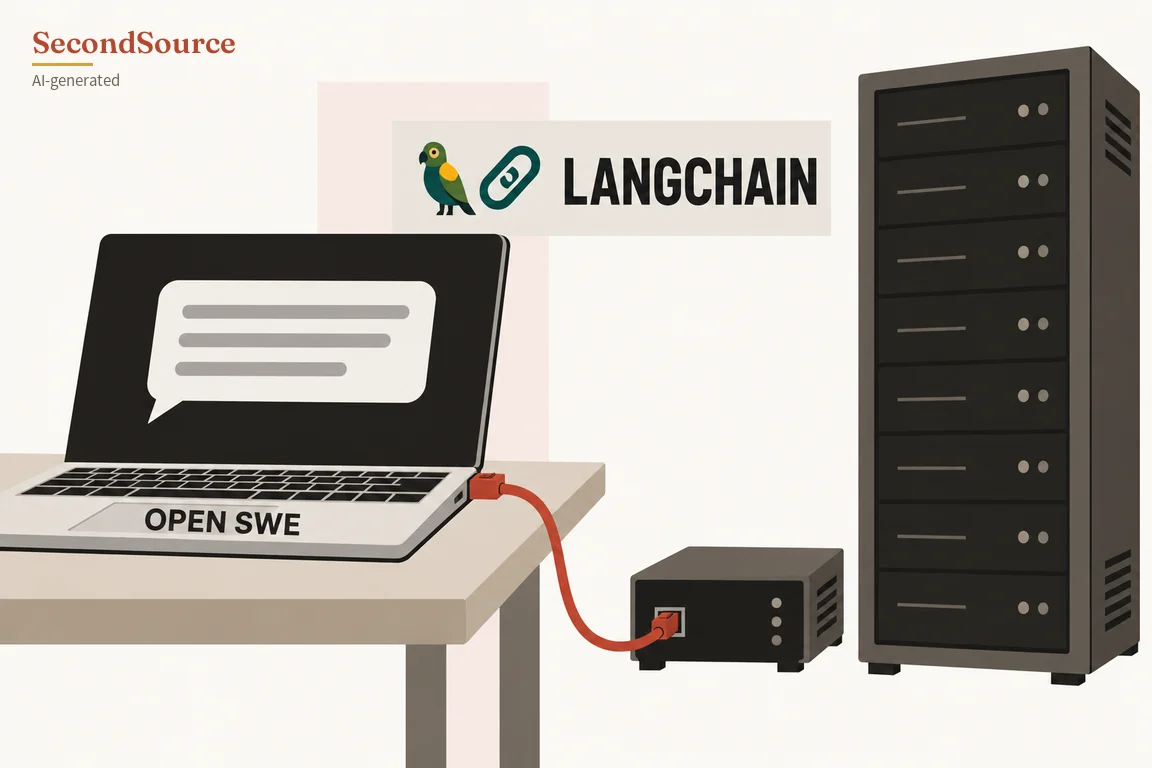 Concept illustration: an open laptop sits on a light desk at left, its screen showing a speech bubble with grey lines and its palm rest lettered OPEN SWE; a red cable runs from the laptop's side down to a small black box with a port and three dots, which stands next to a tall dark rack of eight stacked units on the right. A pale banner near the top shows a green parrot, a green chain-link icon and the lettering LANGCHAIN.