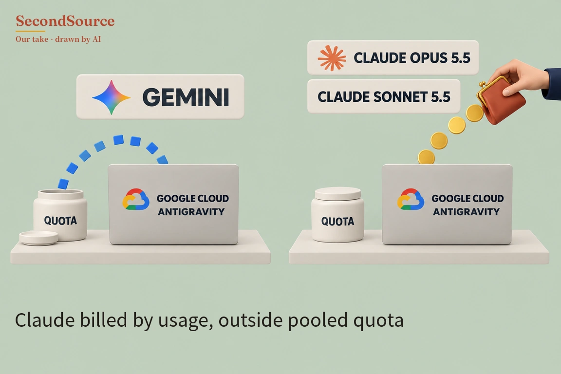 Concept illustration on a pale green background with two scenes, each on a light grey shelf: on the left, a plate lettered GEMINI with a multicoloured four-pointed star sits above an open jar lettered QUOTA with its lid lying beside it, and an arc of small blue squares curves from the jar to the top of a grey box lettered GOOGLE CLOUD ANTIGRAVITY with a multicoloured cloud icon. On the right, plates lettered CLAUDE OPUS 5.5 (with an orange starburst) and CLAUDE SONNET 5.5 sit above a lidded jar lettered QUOTA and a second grey box lettered GOOGLE CLOUD ANTIGRAVITY, while a hand in a dark sleeve at the top right holds a red-brown coin purse from which a line of gold coins falls toward the top of that box.