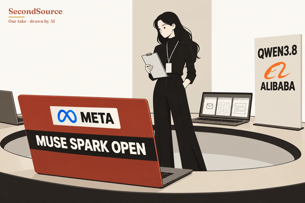 Concept illustration: a person with long dark hair, dressed in black with a badge on a lanyard, stands in the circular opening at the centre of a round beige counter, looking down at a clipboard. In the left foreground is a large red laptop whose lid shows a blue looped symbol with the word META and, on a black band, MUSE SPARK OPEN; behind the person sits an open grey laptop whose screen shows three windows (an envelope, a grid and rows of lines), a partly visible grey laptop sits at the far left edge, and on the right stands a white upright sign lettered QWEN3.8 above an orange swirl symbol and ALIBABA, against pale walls and a beige pillar.