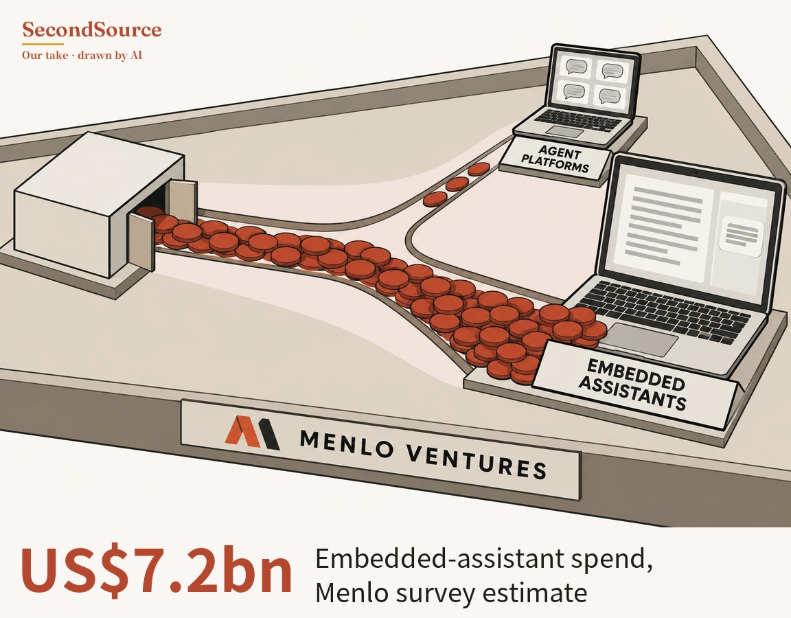 Concept illustration: on a beige tray with a raised rim, many brick-red discs pour out of the open doors of a white box on the left and run along a grooved channel that forks in two; a few discs travel up the narrow branch to a small laptop whose screen shows four speech-bubble tiles, on a stand with a sign lettered AGENT PLATFORMS, while most pile along the wide branch to a large laptop showing grey text-like lines and a side panel, on a stand with a sign lettered EMBEDDED ASSISTANTS. A plaque on the tray's front edge is lettered MENLO VENTURES beside a red-and-black angular mark.