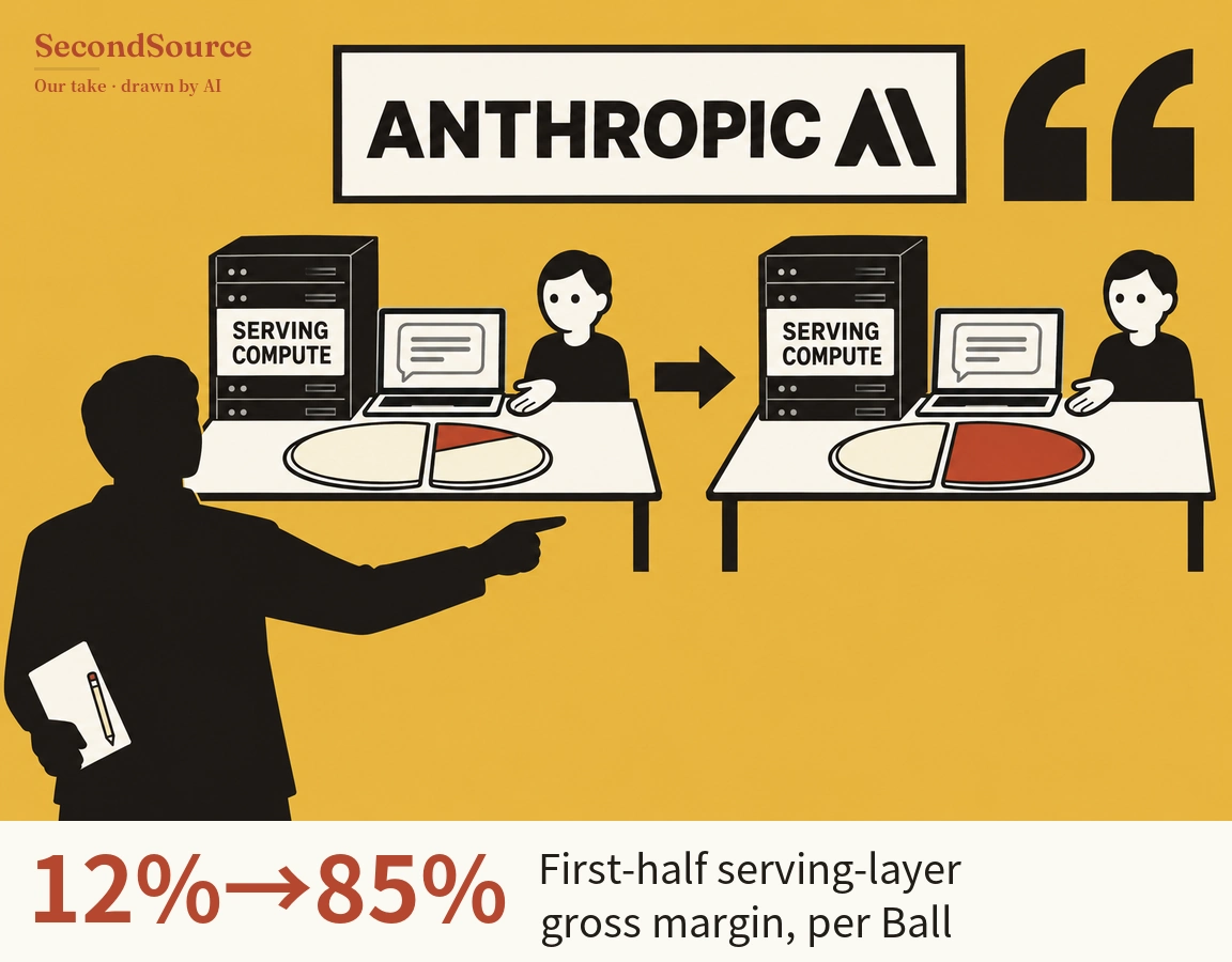 Concept illustration on a mustard-yellow background: at the top, a white framed sign lettered ANTHROPIC with a black angular mark, next to large black quotation marks; below, two matching tables joined by a black arrow pointing right, each holding a server tower labelled SERVING COMPUTE, a laptop showing a speech bubble, a person seated behind it, and a round disc split into a cream part and a red part, with the red part small on the left table and much larger on the right. In the left foreground, a dark silhouette of a person holding a notepad and pencil points toward the tables.