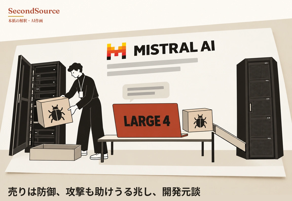 コンセプトイラスト:淡い色の背景パネル上部に黄・橙・赤・黒の階段状ブロックのアイコンと「MISTRAL AI」の文字、その下に灰色の横線があり、左側では社員証のストラップを下げた人物が扉の開いたサーバーラックの前で甲虫マーク付きの箱を抱え、床には口の開いた段ボール箱が置かれている。中央の机には「LARGE 4」と書かれた赤いノートパソコンがあり、その上に灰色の横線入りの吹き出しがあり、隣にある甲虫マーク付きのもう一つの箱は、机の端から右側の別のサーバーラックへ下る斜めの板の上端に載っている。