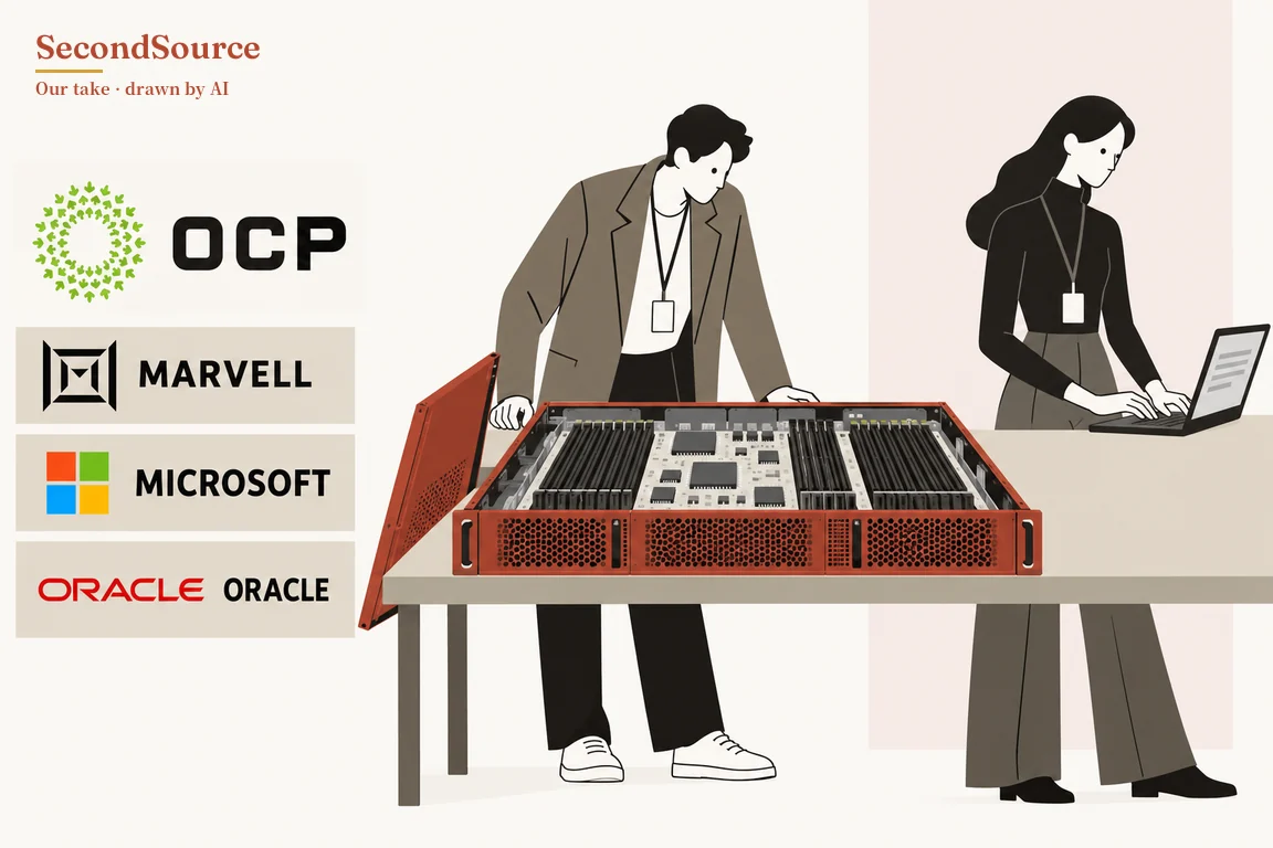 Concept illustration: down the left side are four stacked panels lettered "OCP", "MARVELL", "MICROSOFT" and "ORACLE"; the first three each have a small symbol beside the lettering, and the last shows the word twice, once in red and once in black. On a long table in the centre sits an opened red server chassis with its lid swung out to the left, showing a circuit board with chips and rows of slots; a person in a brown jacket with a lanyard badge leans over it with both hands on its edge, while a second person dressed in black with a lanyard badge types on a laptop at the right end of the table.