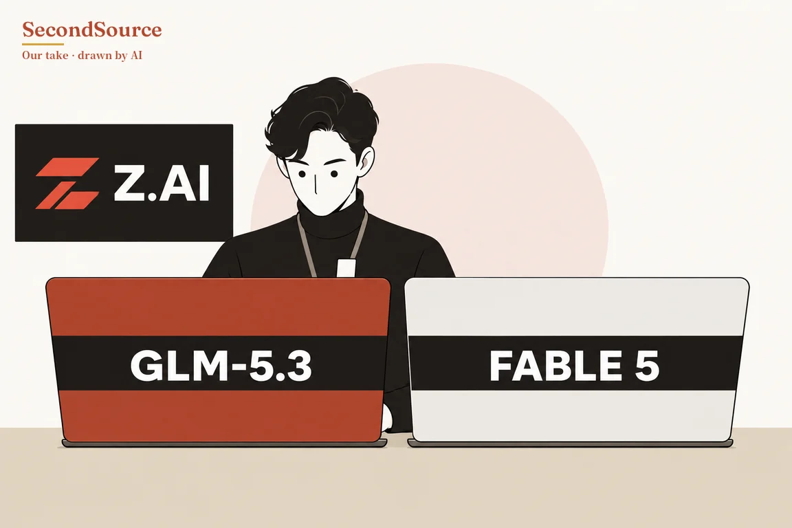 Concept illustration: two open laptops stand side by side on a beige surface with their backs to the viewer, the left one brick-red and the right one off-white, each crossed by a black band lettered GLM-5.3 and FABLE 5 respectively. Behind them sits a person with dark wavy hair in a black turtleneck, wearing a lanyard with a small white card, in front of a large pale pink circle, and at upper left is a black rectangular sign with a red slanted-stripe mark and white lettering Z.AI.