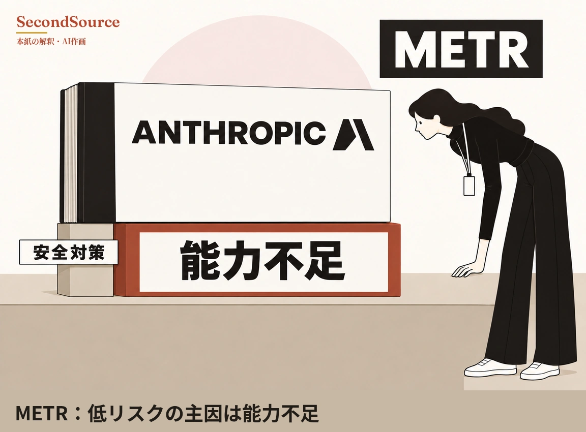 コンセプトイラスト:ベージュのテーブルの上に、黒い背の厚く大きな白い本があり、ANTHROPIC の文字と黒い角張った図形が描かれている。本は赤いブロックと、その左にある小さなベージュのブロックの上に載っていて、赤いブロックの白いプレートには「能力不足」、ベージュのブロックの小さなラベルには「安全対策」と書かれている。右側では、長い髪で黒い服を着て首にネックストラップの名札を下げた人物が、片手をテーブルについて前かがみになり、本の方を向いている。右上には METR と書かれた黒い看板があり、本の後ろには淡いピンクの円がある。
