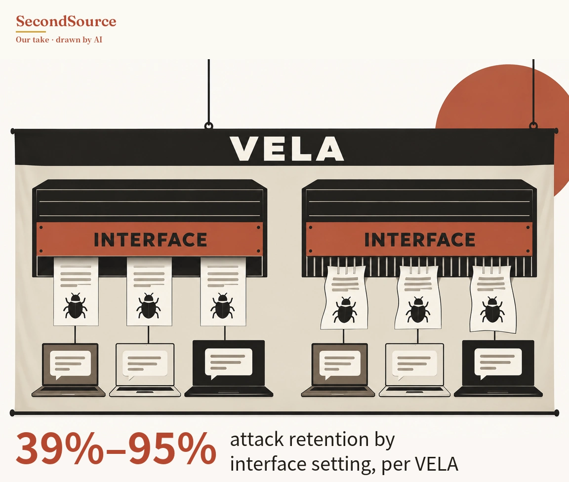 Concept illustration: a banner hung from two cords, with large white letters "VELA" on its black top band and a brick-red circle behind its upper right; on the banner sit two black machine-like housings side by side, each with a red strip lettered "INTERFACE". Three flat paper sheets hang below the left housing, and three wrinkled sheets hang from a row of vertical slats along the bottom of the right housing; each of the six sheets shows grey text lines and a black beetle icon and is joined by a short line to a laptop below, each laptop screen showing a speech bubble.