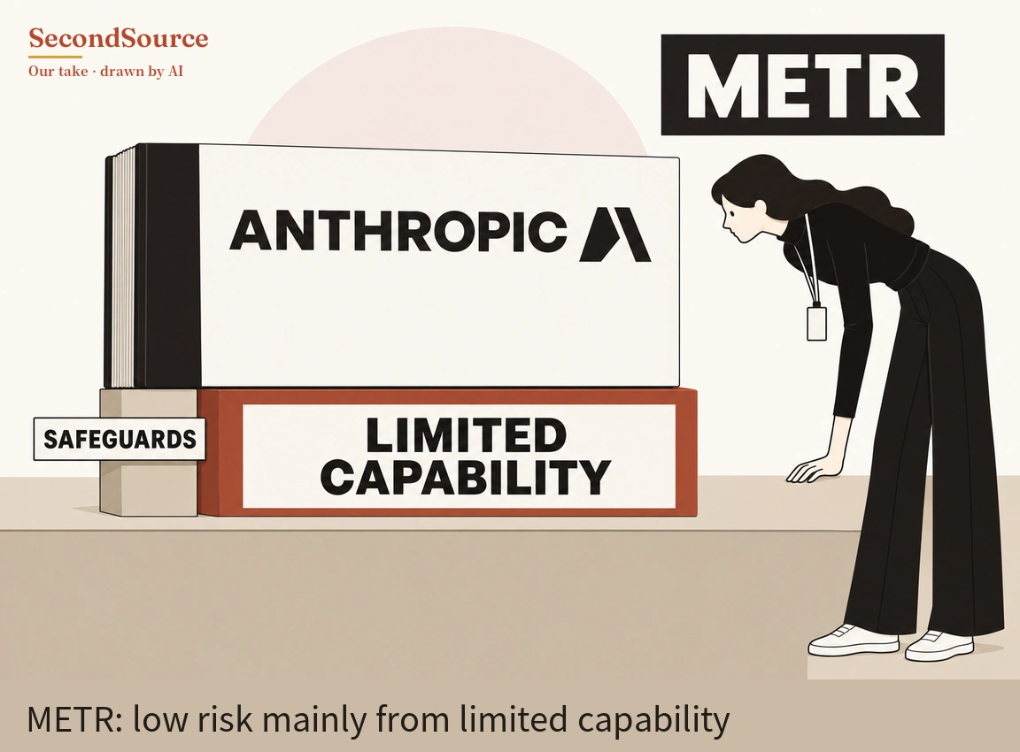 Concept illustration: on a beige table, a large, thick white book with a black spine, lettered ANTHROPIC next to a black angular mark, rests on a red block and, to its left, a smaller beige block; the red block's white plate reads LIMITED CAPABILITY and the beige block's small label reads SAFEGUARDS. On the right, a long-haired person dressed in black, with a lanyard tag around their neck, leans forward with one hand on the table, facing the book; a black sign lettered METR is in the top right, and a pale pink circle sits behind the book.