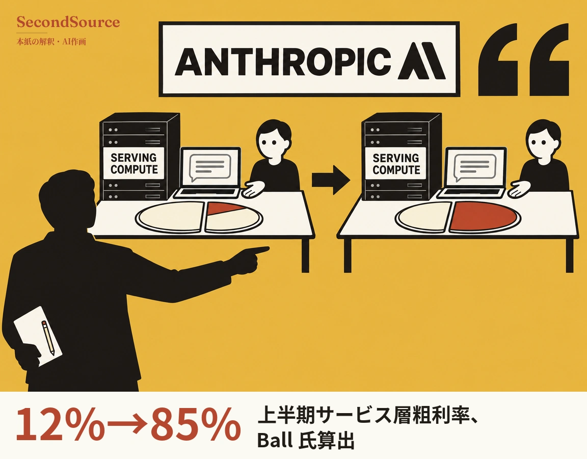 マスタード色の背景のコンセプトイラスト。上部に ANTHROPIC と書かれた白い枠付きの看板と黒い角ばったマーク、その右に大きな黒い引用符があり、その下では右向きの黒い矢印でつながれた同じ構成の机が二つ並び、それぞれに SERVING COMPUTE と書かれたサーバー筐体、吹き出しを映したノートパソコン、奥に座る人物、クリーム色と赤に分かれた円盤が置かれていて、赤い部分は左の机では小さく、右の机ではずっと大きい。左手前では、メモ帳と鉛筆を持った黒いシルエットの人物が机の方を指さしている。