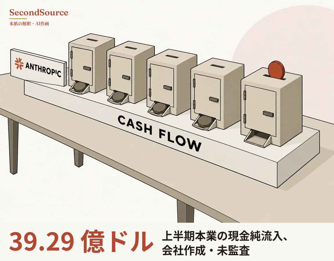 コンセプトイラスト：テーブルに置かれた細長い白い台座の上に、上面に細い差し込み口、正面に取っ手付きの蝶番扉、下部に受け皿があるベージュの金庫のような箱が5つ並び、左の4つの受け皿には濃い灰色の円盤が1枚ずつ入り、右端の箱は上面の差し込み口に赤い円盤が差さっていて受け皿は空になっている。箱の手前の台座上面には CASH FLOW の文字があり、台座の左端には橙赤色の放射状のマークと、I が上下に分かれた縦線で描かれた ANTHROPIC の文字が入った白い札が立ち、右上の背景には淡いピンクの円がある。