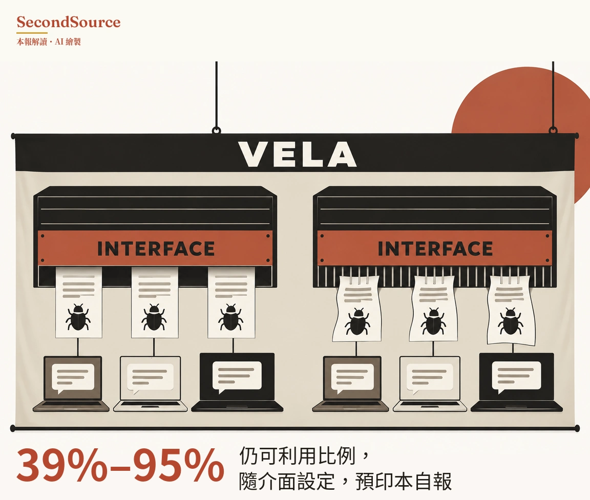 概念插圖：一幅由兩條繩懸掛的橫幅，頂部黑色帶上印著白色大字「VELA」，右上方後面有一個磚紅色圓形；橫幅上並排兩個黑色機器狀外殼，各有一條寫著「INTERFACE」的紅色橫條。左邊外殼下方垂出三張平整的紙，右邊外殼底緣有一排豎條，下方垂著三張起皺的紙；六張紙上都有灰色文字線條和一個黑色甲蟲圖示，各以一條短線連到下方的一台筆記型電腦，每台螢幕上顯示一個對話框。
