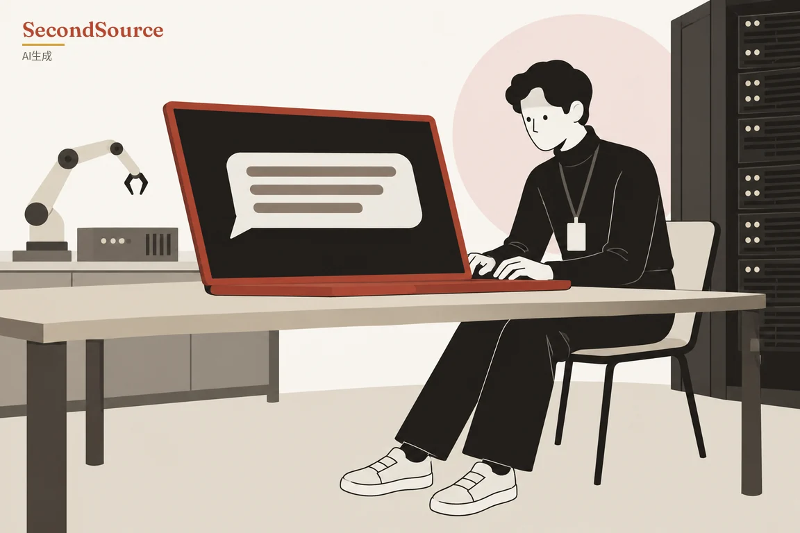 コンセプトイラスト：黒い巻き毛で黒い服を着て、白いカードの付いたストラップを首に掛けた人物が椅子に座り、明るい色の長いテーブルで赤い枠の大きなノートパソコンを打っていて、黒い画面には灰色の横線3本が入った白い吹き出しがある。左奥のカウンターには白いロボットアームと、点と縦の溝のある小さな箱が置かれ、右側には背の高い黒っぽいラックが立ち、人物の頭の後ろには淡いピンクの円がある。