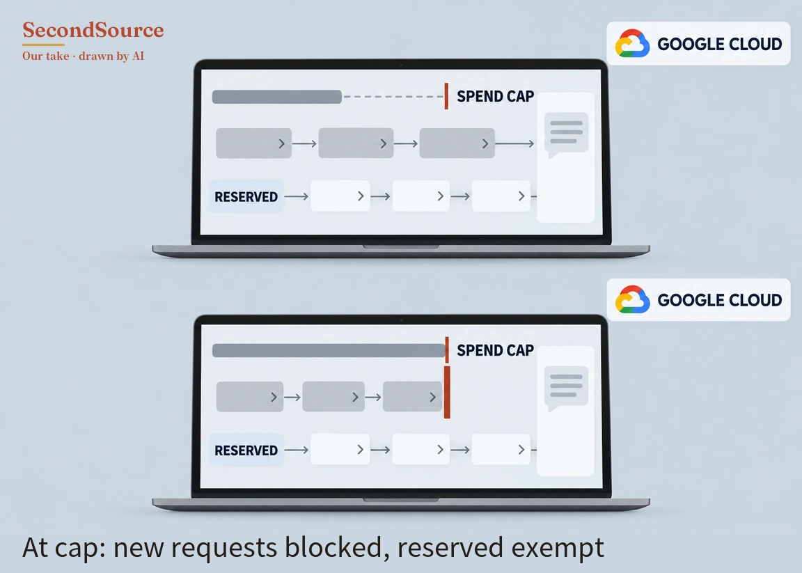 Concept illustration of two laptops, one above the other, with the same screen layout: beside each is a sign lettered GOOGLE CLOUD with a four-colour cloud icon, and each screen has a grey bar at the top with a red vertical line labelled SPEND CAP, plus a bottom row where a pale blue RESERVED label leads through rightward arrows and three white boxes toward a white panel holding a speech-bubble icon on the right. On the upper laptop the grey bar is short, with a dashed line running on to the red line, and a middle row of three grey boxes leads by rightward arrows to the panel; on the lower laptop the grey bar reaches the red line, and the middle row of three grey boxes ends at a thick red vertical bar, with no arrow reaching the panel.