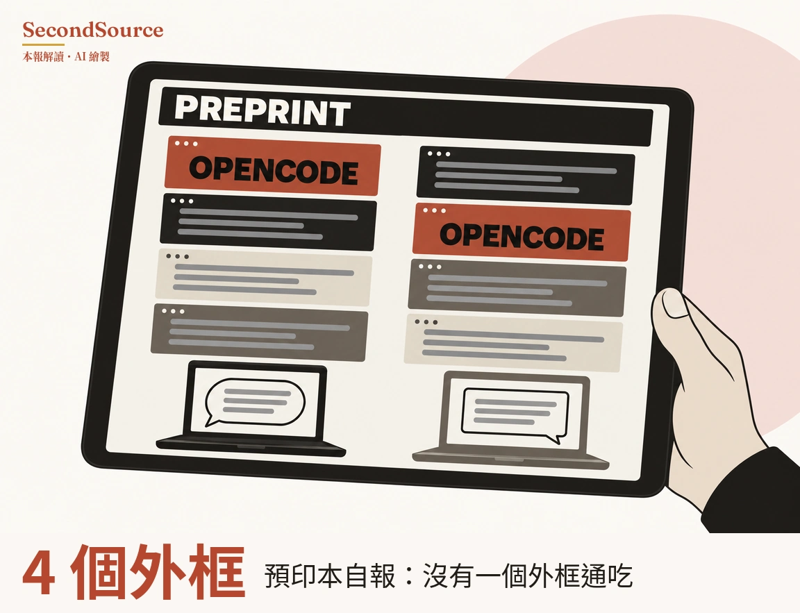 概念插圖：右側一隻手拿著平板電腦，螢幕頂端是寫著「PREPRINT」的黑色橫條，下方並排兩欄、各疊四張帶有三個小圓點與灰色橫線的視窗卡片。左欄由上而下為寫著「OPENCODE」的紅色卡片、黑色、米色、灰褐色卡片，右欄為黑色、寫著「OPENCODE」的紅色卡片、灰褐色、米色卡片；每欄底部各有一台筆記型電腦，左邊是黑色、右邊是灰色，螢幕上各顯示一個內含灰線的對話框，背景右上方有一個淡粉紅色圓形。