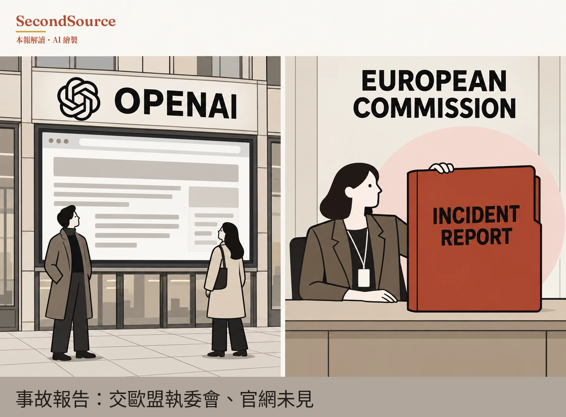 概念插圖，分為左右兩格：左格是一棟招牌寫著「OPENAI」字樣、旁有繩結狀圖案的建築，招牌下方的大螢幕顯示瀏覽器樣式的頁面，只有灰色色塊與線條，兩人站在前方人行道上抬頭看著螢幕。右格牆上寫著「EUROPEAN COMMISSION」，下方一人頸掛識別證坐在桌後，扶著一本立起、寫著「INCIDENT REPORT」的紅色大資料夾，背後有一個淡粉色圓形。