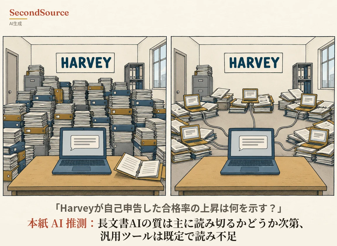 同じオフィスを左右二つのコマで描いたコンセプトイラストで、どちらのコマにも、HARVEYと書かれた奥の壁の看板、左の壁の閉じたドア、外の建物が見える右の壁の窓、天板に紙の束が高く積まれた左奥の灰色のファイルキャビネット、青と白のバインダーが並ぶ右奥の灰色の棚がある。左のコマでは高く積まれた紙の束と青や黄土色のバインダーが部屋を埋め、手前の木の机には灰色の線が入った吹き出しを映す青いノートパソコンと開いたリングバインダーが置かれ、右のコマでは机の上の同じ青いノートパソコンから灰色のケーブルが伸びて、画面に灰色の線が映る小さな黄土色のノートパソコン五台につながっており、それぞれ灰色の床に散らばる紙の束の上に置かれている。