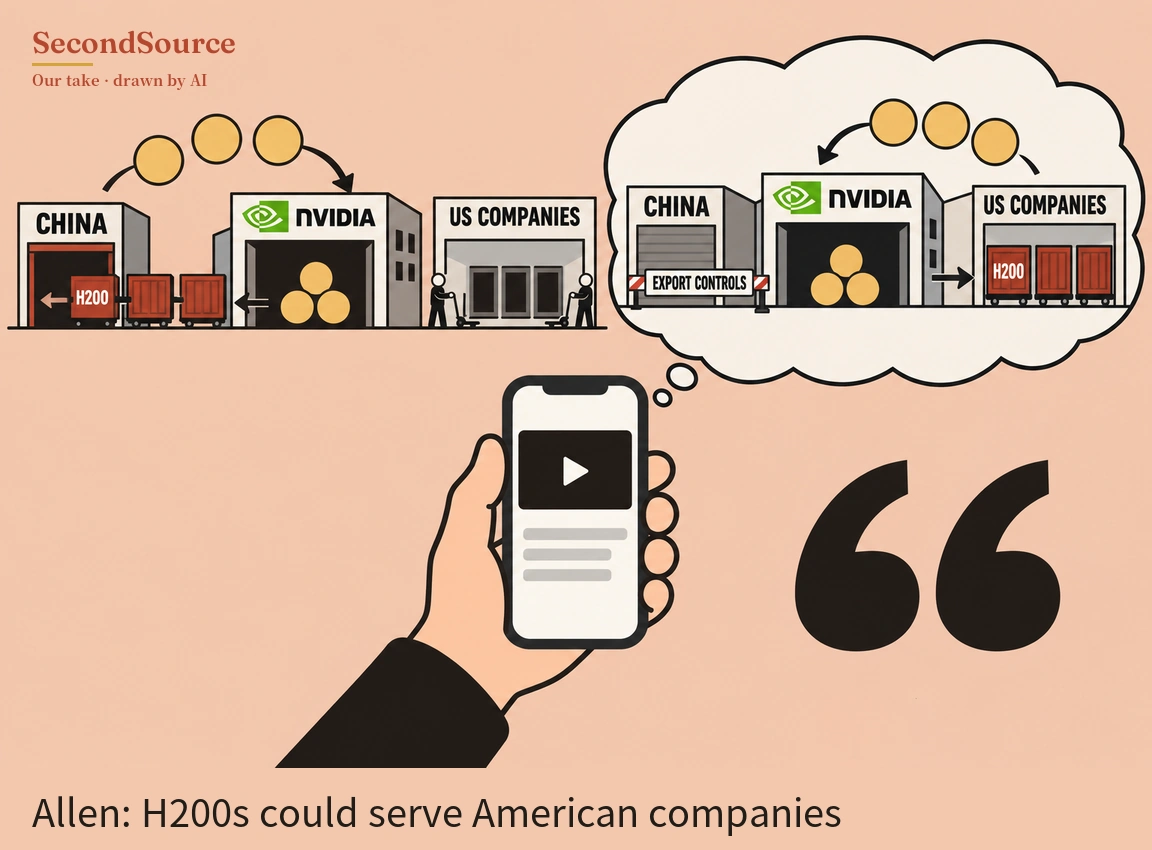 Concept illustration: at upper left, three buildings lettered CHINA, NVIDIA and US COMPANIES stand in a row; red carts (one lettered H200) move along left-pointing arrows from NVIDIA toward CHINA, three gold coins follow a curved arrow from above CHINA to NVIDIA, a stack of coins sits inside NVIDIA, and two figures with hand trucks stand at the US COMPANIES doorway. Below, a hand holds a smartphone whose screen shows a video play button and grey lines, linked by small bubbles to a thought cloud at upper right. The cloud shows the same three buildings: a barrier lettered EXPORT CONTROLS stands in front of the shuttered CHINA building, an arrow points from NVIDIA to red carts (one lettered H200) beside US COMPANIES, and coins follow a curved arrow from above US COMPANIES to NVIDIA. A large black quotation mark sits at lower right.