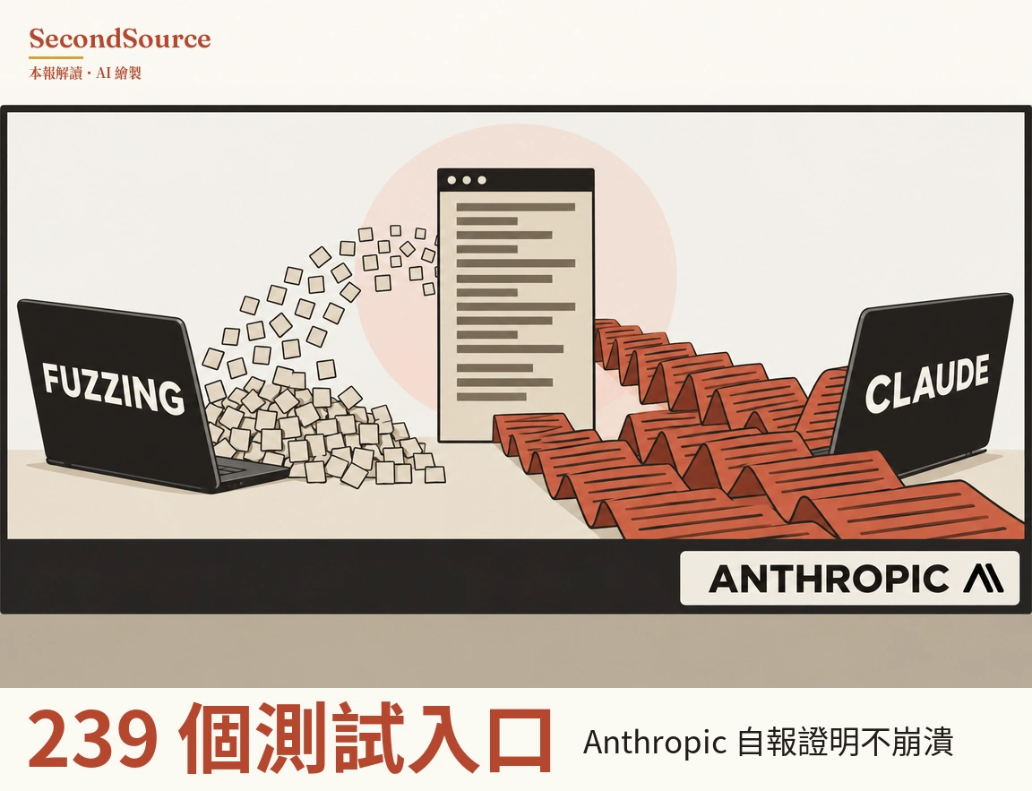 黑色邊框內的概念插圖：左邊一台機蓋寫著 FUZZING 的深色筆電旁堆著許多米色小方塊，方塊呈弧形往上連到中央一個高高的米色視窗面板，面板頂欄有三個圓點、內有灰色文字線條，後方襯著淡粉紅色圓形。從面板底部，多條印有深色線條、摺成鋸齒狀的紅色紙帶橫過桌面，延伸到右邊一台機蓋寫著 CLAUDE 的深色筆電；右下角一塊淺色牌子寫著 ANTHROPIC，後面接著一個小標記。