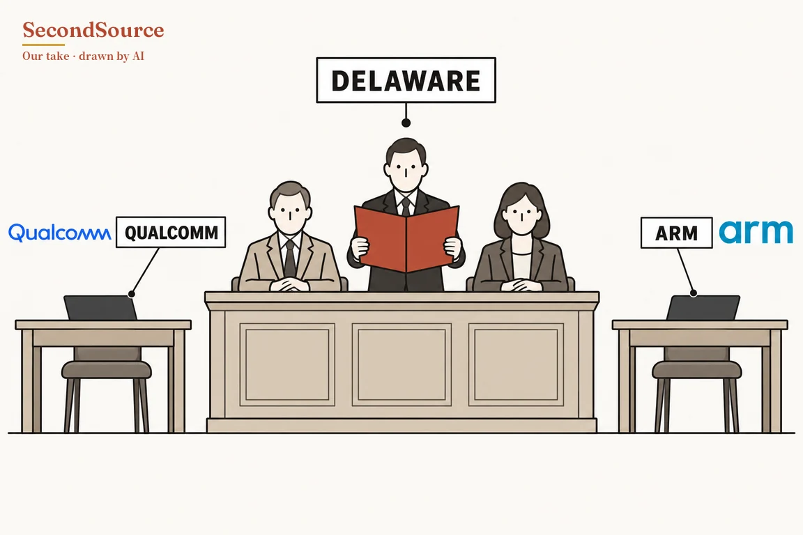 Concept illustration: behind a large wooden bench in the center, a man in a dark suit stands holding an open red folder, with a man in a tan suit seated to his left and a woman in a dark jacket seated to his right, and a box lettered "DELAWARE" above them linked by a line pointing down to the standing man. Smaller tables at the left and right each hold a laptop with a chair beneath; a line connects the left laptop to a box lettered "QUALCOMM" beside blue lettering "Qualcomm", and a line connects the right laptop to a box lettered "ARM" beside blue lettering "arm".
