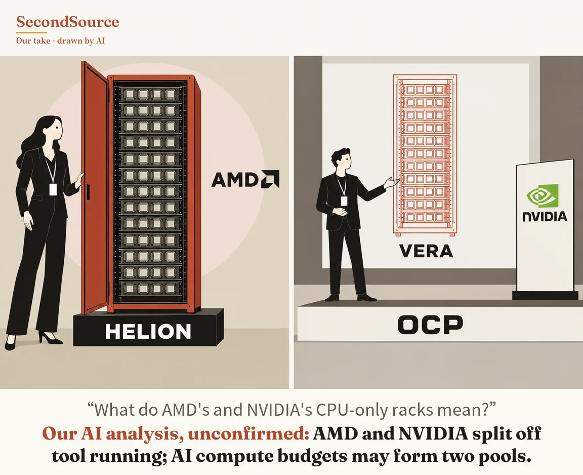 Concept illustration in two side-by-side panels: on the left, a woman in a dark suit with a lanyard badge holds open the door of a tall red server rack filled with rows of chip modules; the rack stands on a black base lettered HELION, with the lettering AMD and a small logo mark beside it against a pale pink circle. On the right, a man in a dark suit with a badge stands on a stage whose front is lettered OCP and gestures toward a large screen showing a red line drawing of a rack above the word VERA, next to a white upright panel bearing a green emblem and the lettering NVIDIA.