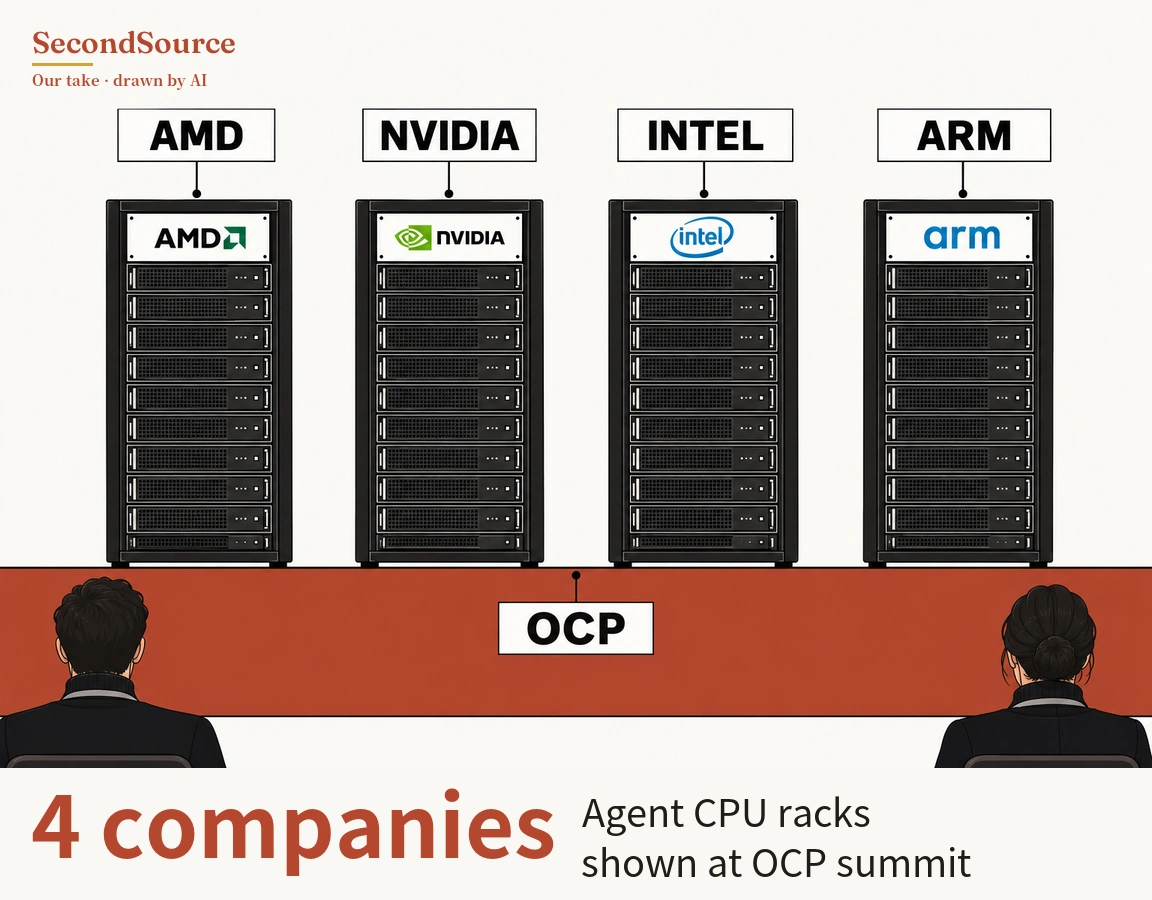 Concept illustration: four black server racks stand in a row on a long brick-red platform. The panels at the top of the racks are lettered AMD, NVIDIA, intel and arm, and each rack is joined by a short line to a white plate above it reading AMD, NVIDIA, INTEL and ARM, while a white plate reading OCP is joined by a short line to the middle of the platform. In the bottom left and bottom right corners are two dark-haired people in dark clothing, seen from behind and facing the racks.